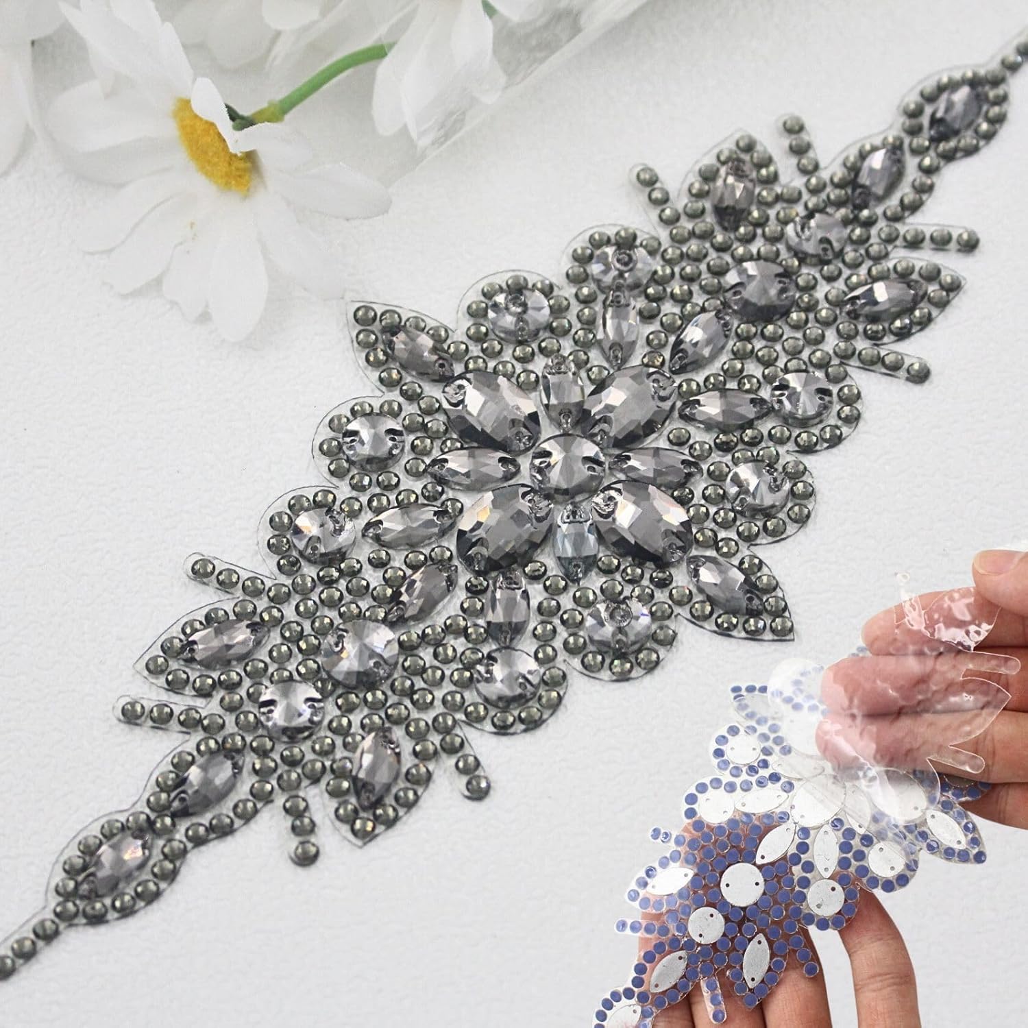 PEARLY JUN 1Pc Self Adhesive Crystal Rhinestone Applique Black Iron on Rhinestone Transfers Clothing Diamond Embellishments DIY for Bridal Wedding DIY Dress Fabric Accessories