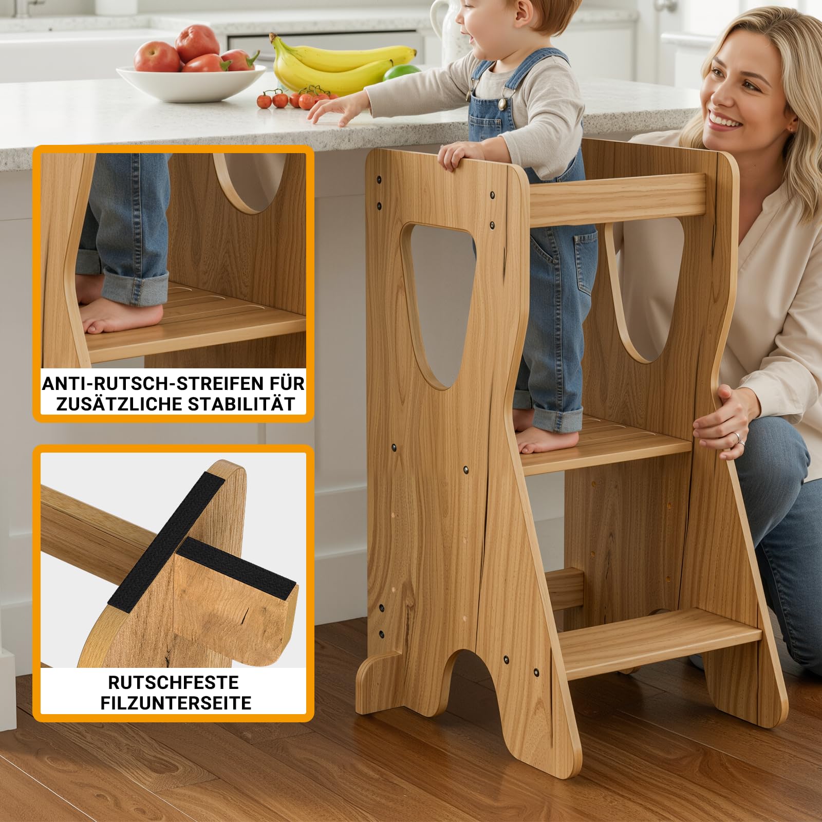 COSYLAND Lernturm ab 1 Jahr - Learning Tower - Höhenverstellbar Montessori Lernturm mit Kippschutz, Natur