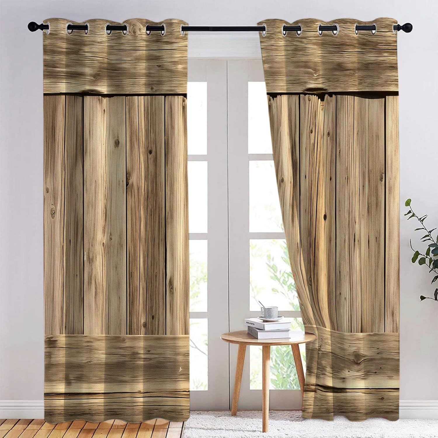 2 Pièce Rideau À Oeillets Réduction Du Bruit Rideaux Planches de bois vieilli de vieille grange Rideau Occultant Décor Moderne Pour Société Bureau Chambre À Coucher, Thème du village 280 X 260 cm