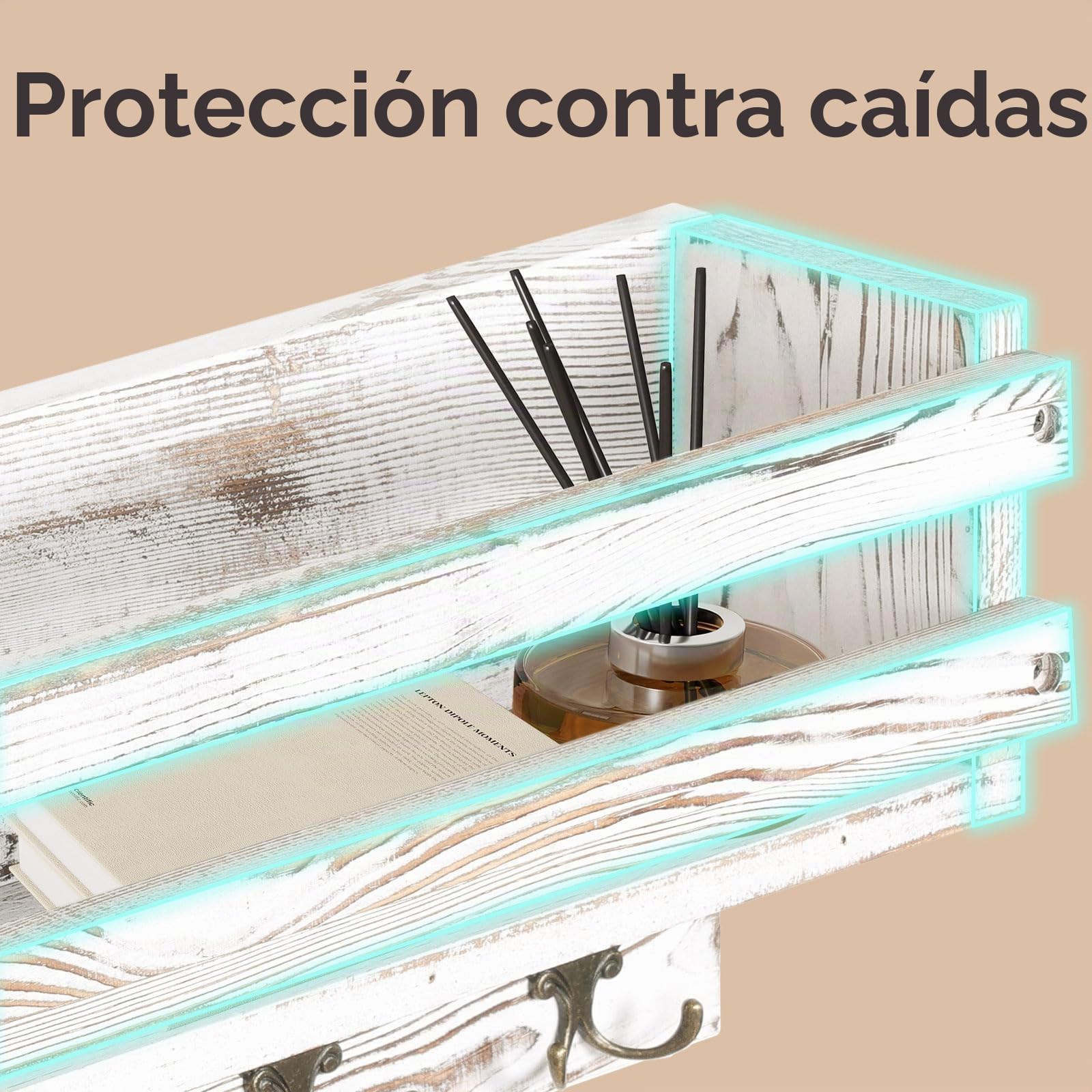 Bekrvio Perchero de madera con 6 ganchos dobles y estantes, 58 cm, troncos naturales de pared con estante, perchero de pared para entrada, dormitorio, rústico