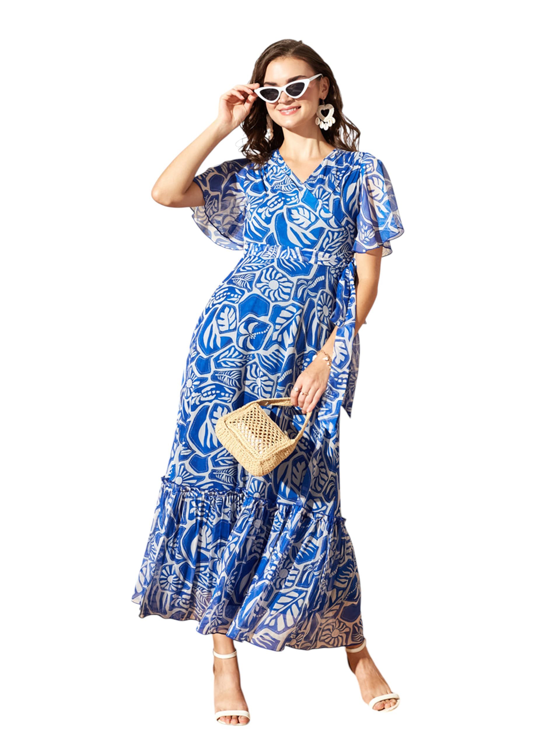 miss chase Women’s Brown Floral V-Neck Flared Sleeve Wrap Maxi Chiffon Dress-picture-27