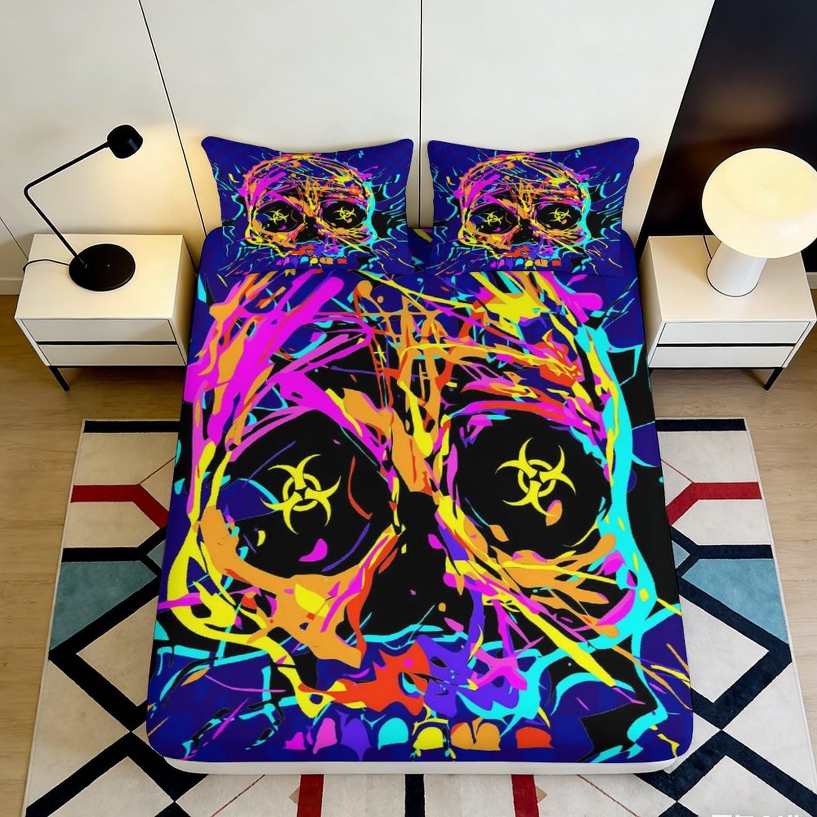 3D Printed Neon Skull Fitted Sheet Microfiber Vibrant Graffiti Mattress Cover for Bedroom Dorm Decoration Easy Care 90x200x25cm