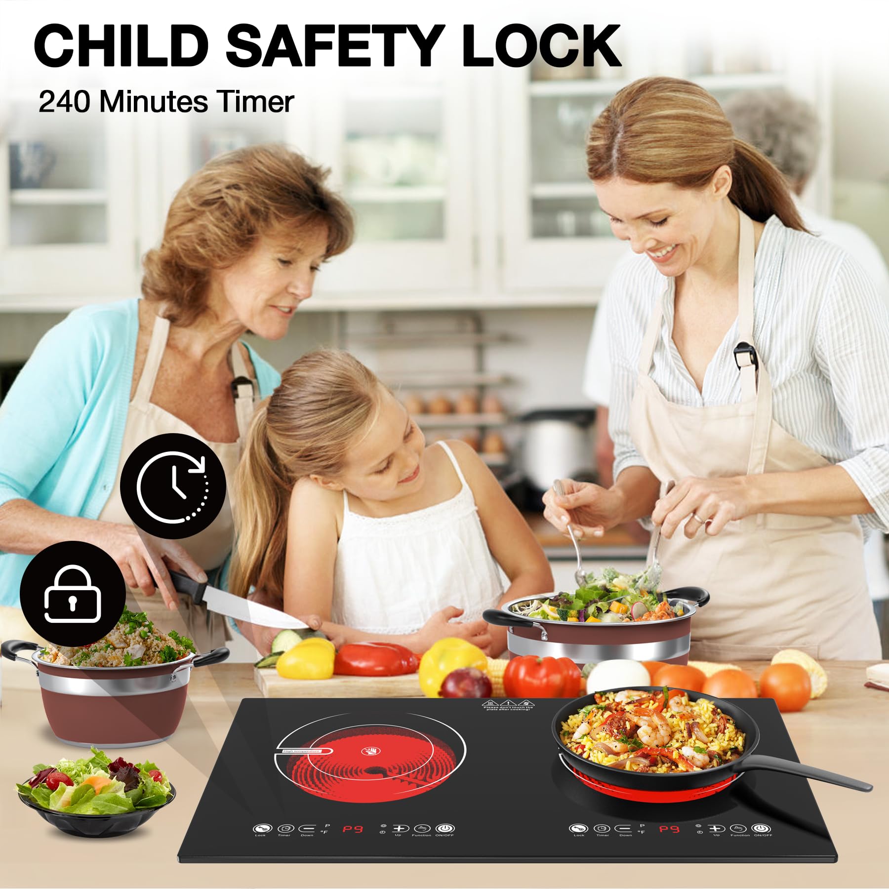 Cocina eléctrica de 2 quemadores, estufa eléctrica de 110 V 2400 W con control táctil, 9 niveles de calefacción, temporizador y seguridad para niños 2