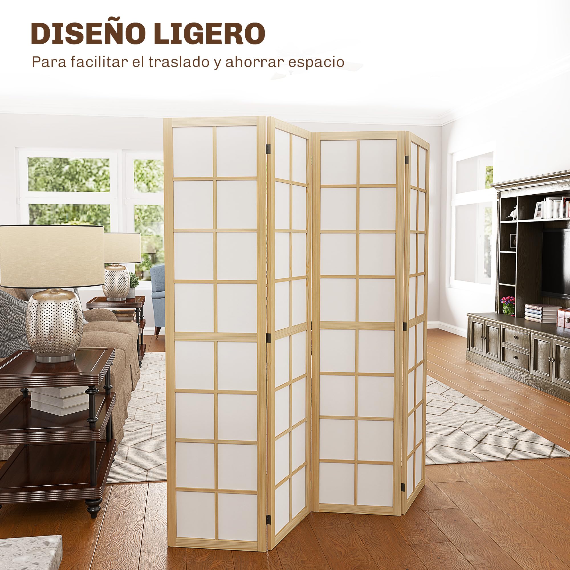 HOMCOM Biombo de 4 Paneles Plegable con Marco de Madera 160x170 cm Natural | Biombo Separador de Ambientes, Pantalla de Privacidad, Dormitorio Oficina Salón