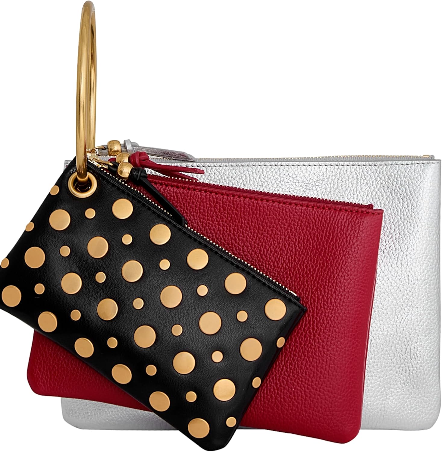 Rebecca Minkoff Triple Zip Pouch, Women's Leather Mini Organizer with 3 Zipper Pouches and Keyring Clip, Black/Siren/Silver