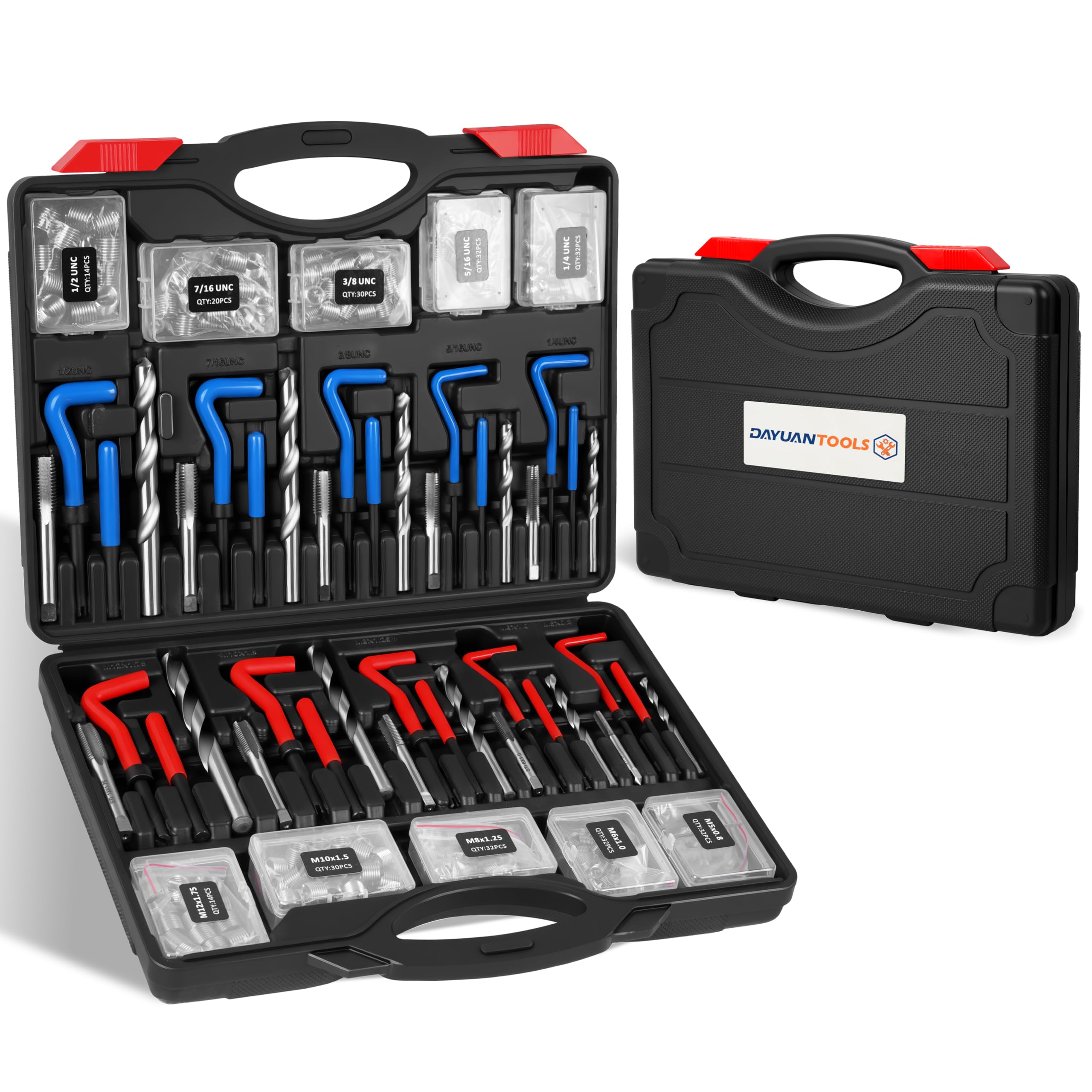 DAYUAN Helicoil Kit di riparazione filettatura SAE e metrica, kit di riparazione per bobine elicoidali HSS, kit di riparazione per riparazione di bobine elicoidali, kit di attrezzi per la rifilatura