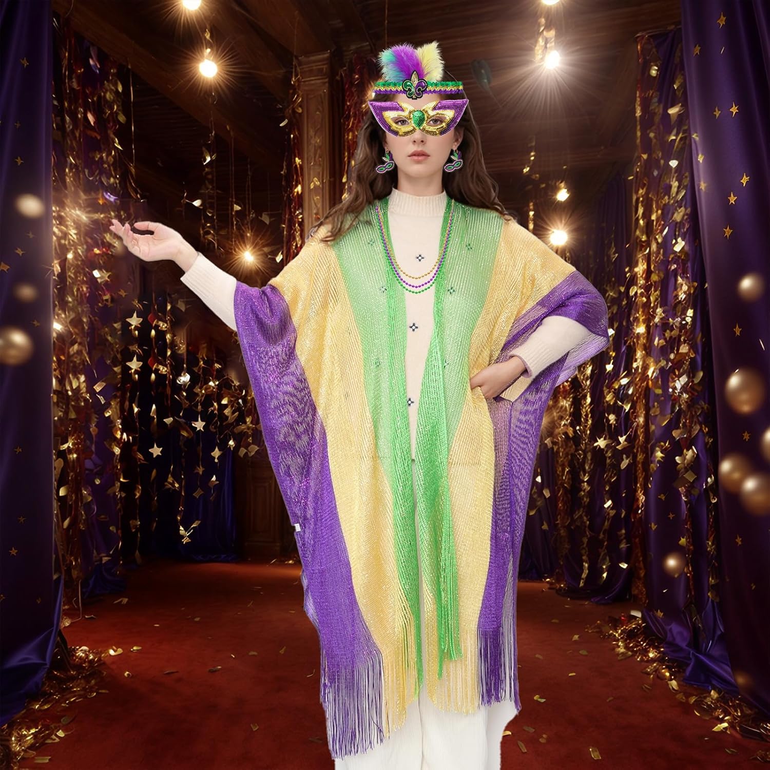 Mardi Gras Shawl Scarf Costume Accessories Set for Women: Mardi Gras Shawl, Feather Headband, Eye Patch, Necklace, Earrings - Adult Women, Party-Goers, Celebration Enthusiasts - Image 6