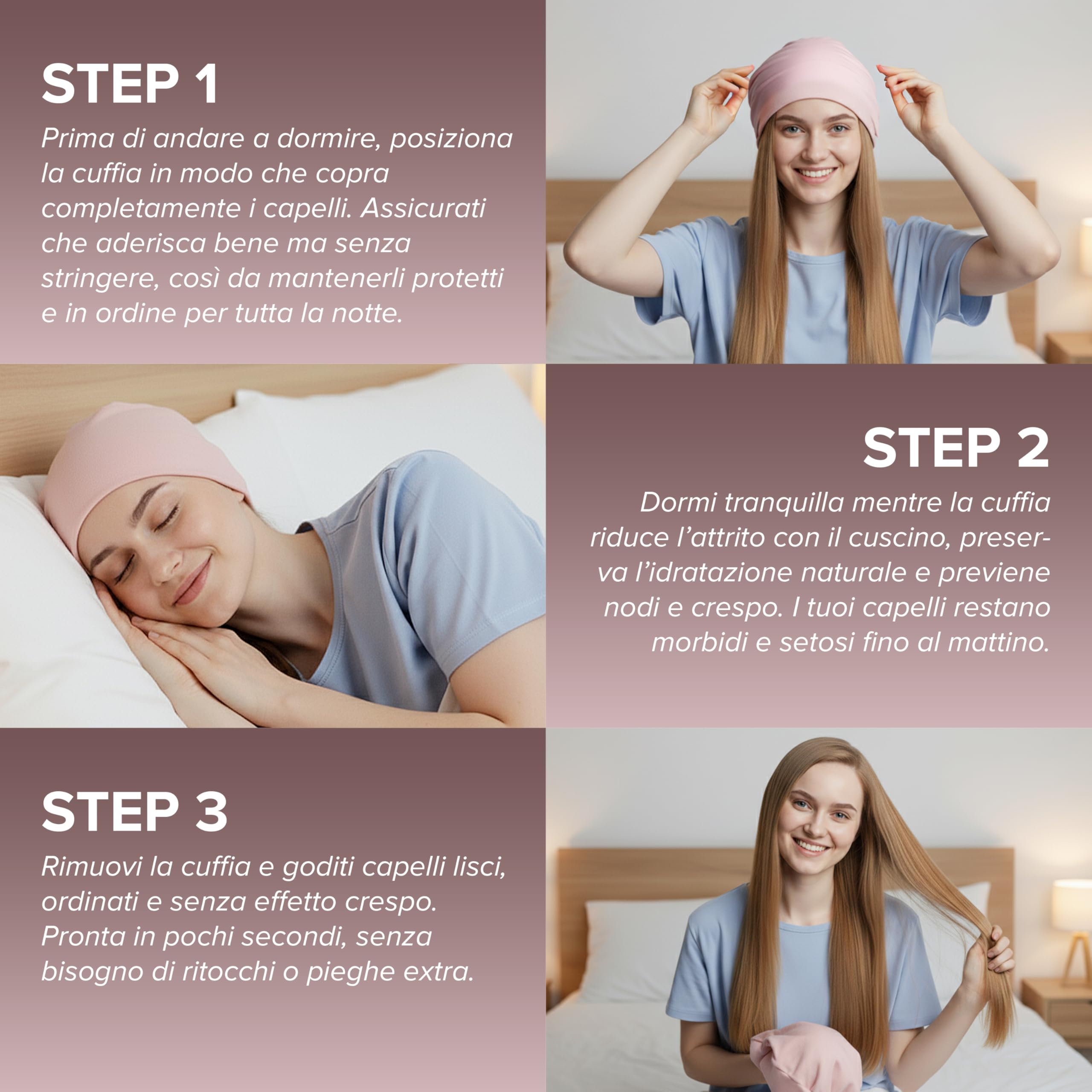 Cuffia Capelli Ricci Notte - Cuffia per Dormire Capelli Ricci, Mossi o Lisci, Anche con i Bigodini - Cappello da Notte Donna in Tessuto Morbido e Confortevole, Rosa