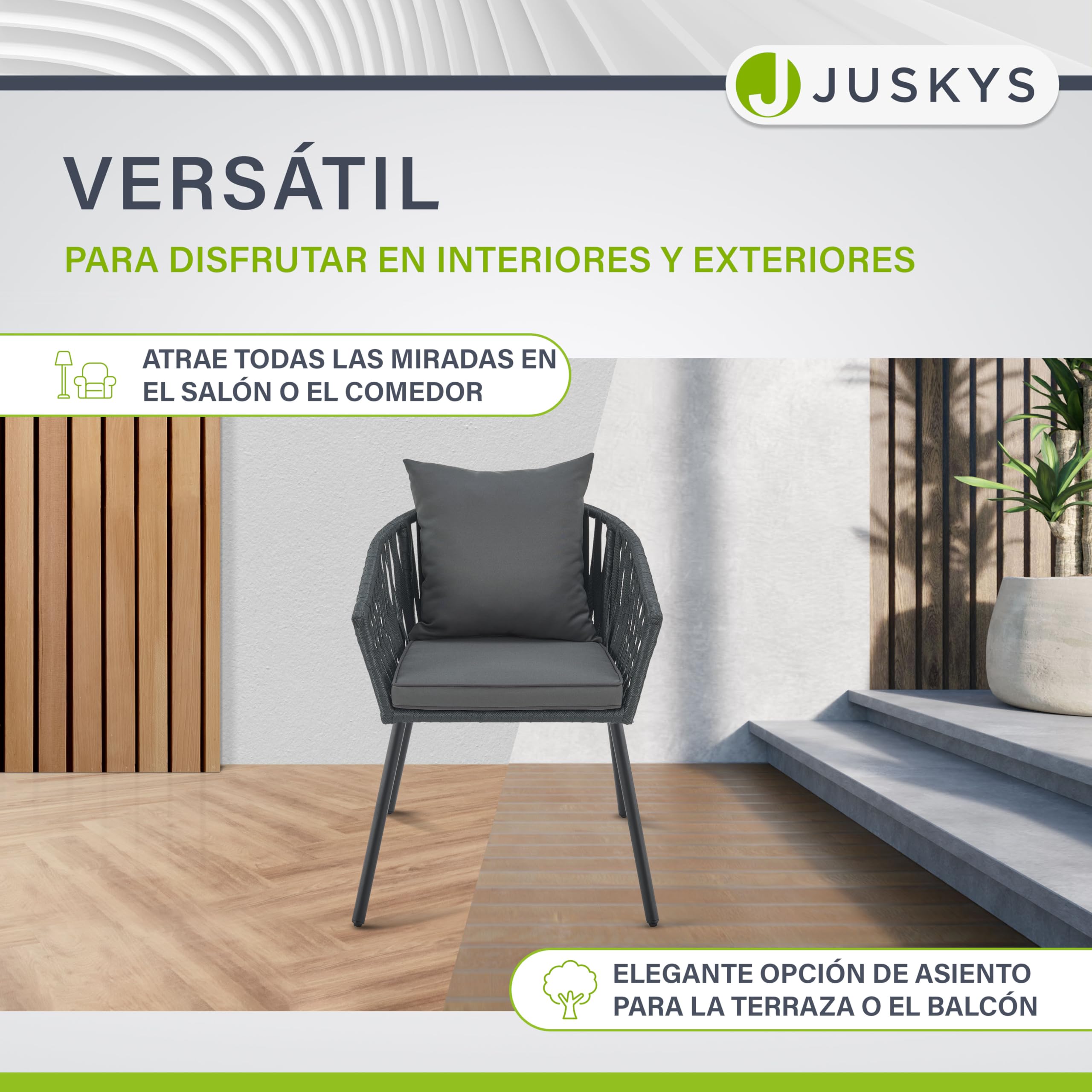 Juskys Rope - Juego de 2 sillas de jardín resistentes a la intemperie, soporta hasta 160 kg, cojines de asiento y respaldo de poliéster, 2 sillas de acero y polipropileno para jardín, terraza y balcón