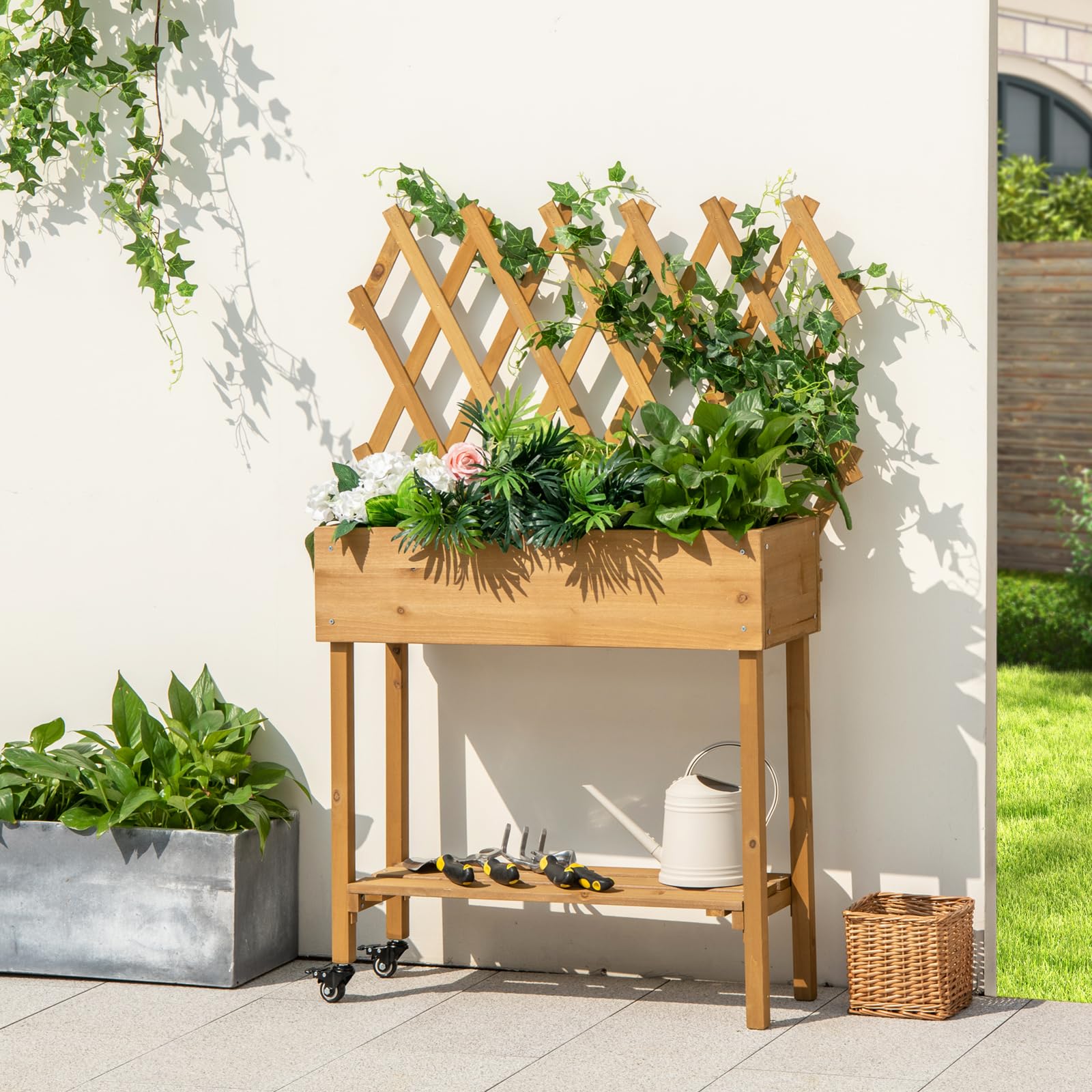 COSTWAY Huerto Urbano Elevado de Madera con Enrejado, Cama de Jardín Elevado Móvil con Ruedas Bloqueables, Forro de Tela, Jardinera de Plantas para Interiores y Exteriores, 90 x 29 x 129 cm