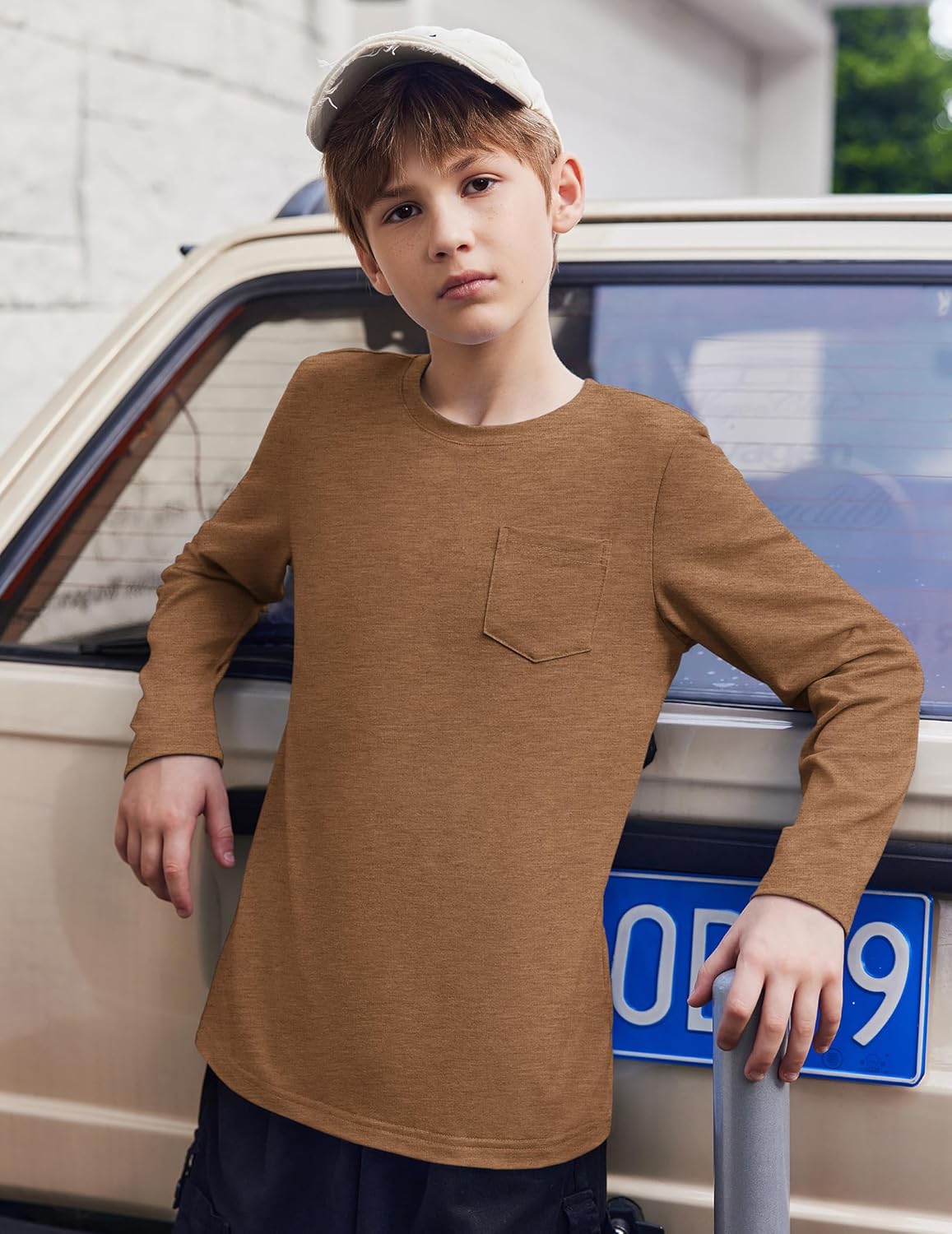 Arshiner Boys Long Sleeve Shirts Casual Crewneck T Shirt Solid Tees Tops with Chest Pocket for Kids 5-12 Years - Image 4