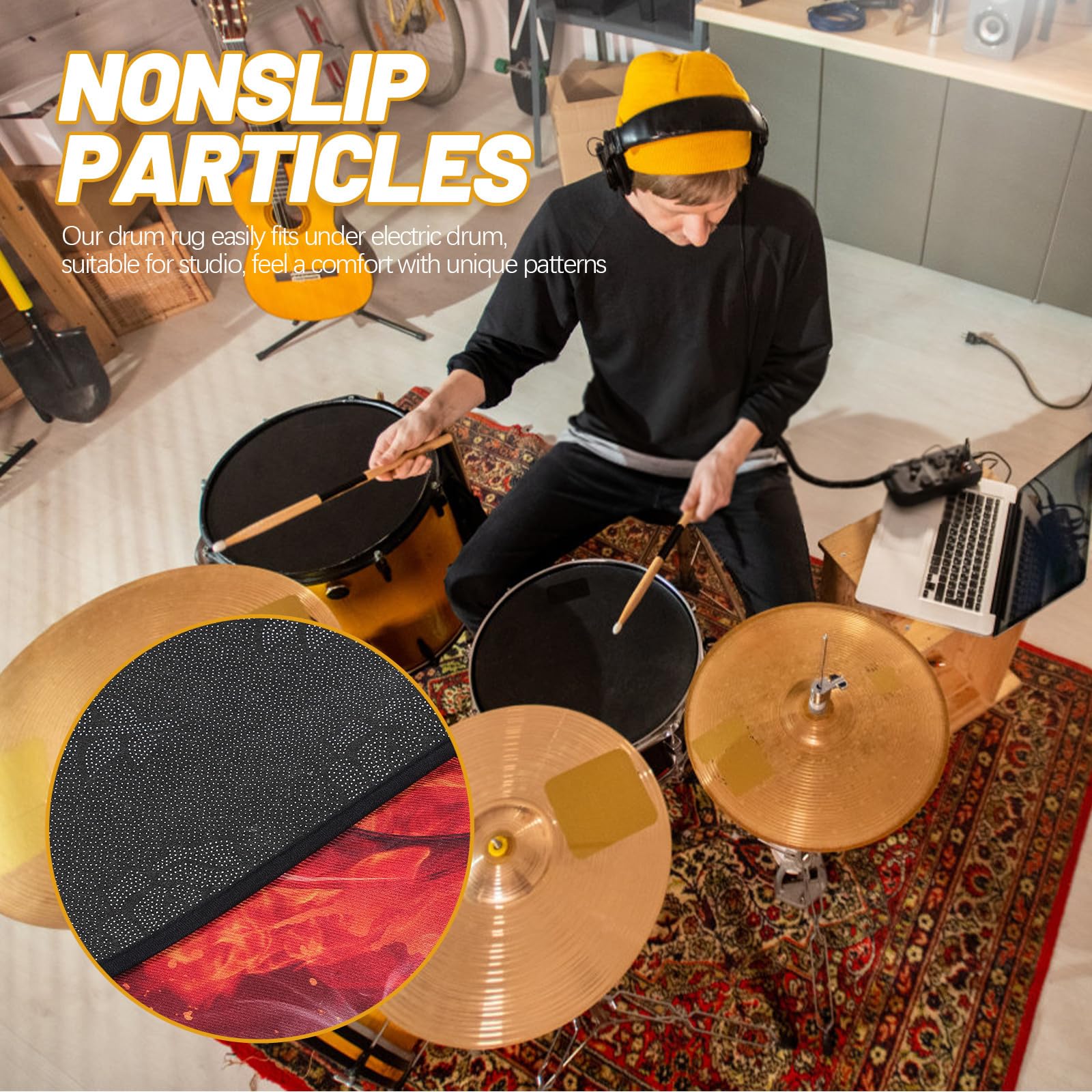 Housoutil Tapis de Batterie Design Chic et Unique en Flanelle et Amortisseur Antidérapant Particules Antidérapantes Maison et Salle de Pratique