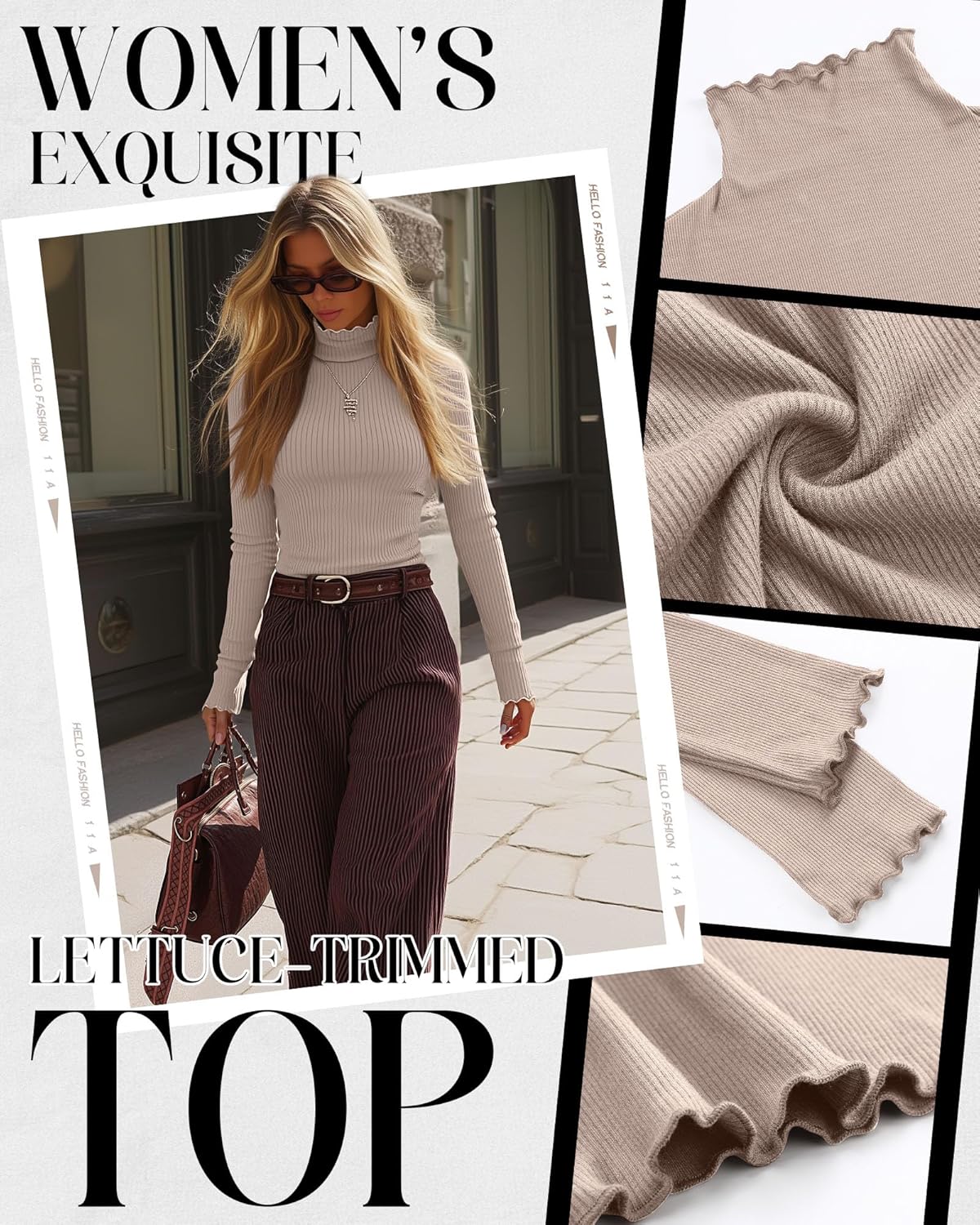 3 Pack Women's Turtleneck Cotton Shirts, Long Sleeve Ribbed Lettuce Trim Mock Neck Slim Fit Tops Soft Base Layer(Black, White, Khaki,Small) - Image 5