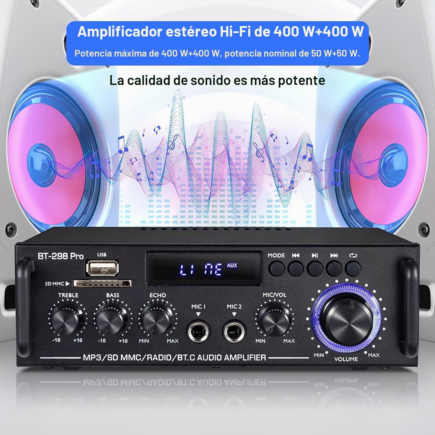 298 Pro Mini Amplificador Bluetooth 5.0, Audio HiFi de 2 Canales, MAX 500 W x 2 RMS, 50 W x 2, Receptor Estéreo Con Altos y Bajos, USB/RCA/Mic/FM