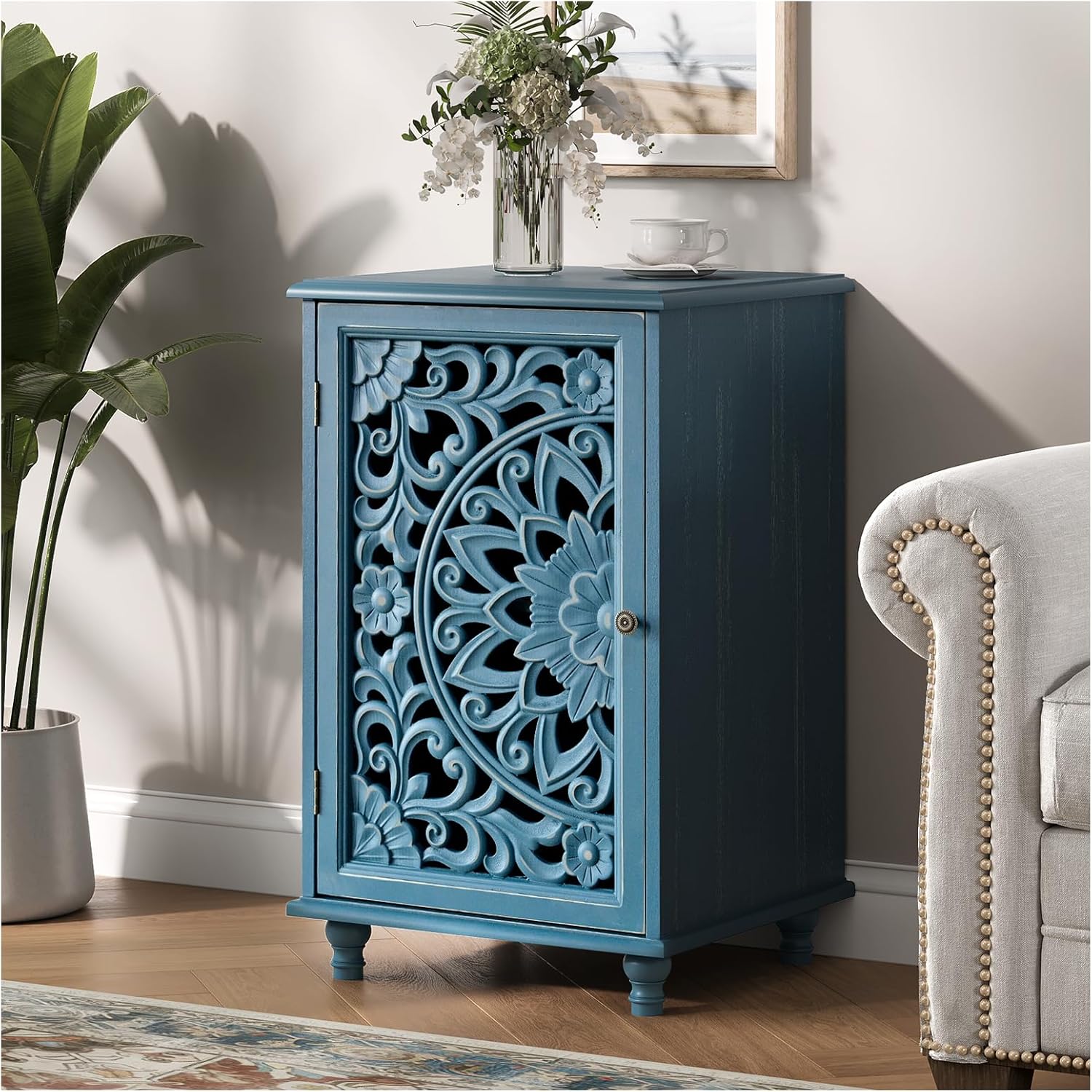 Boho Small Buffet Cabinet with Hand-Carved Mandala Door, 17" Coffee Bar Station with Adjustable Shelf, Distressed Blue Accent Storage Cabinet for Small Spaces, Kitchen, Dining Room