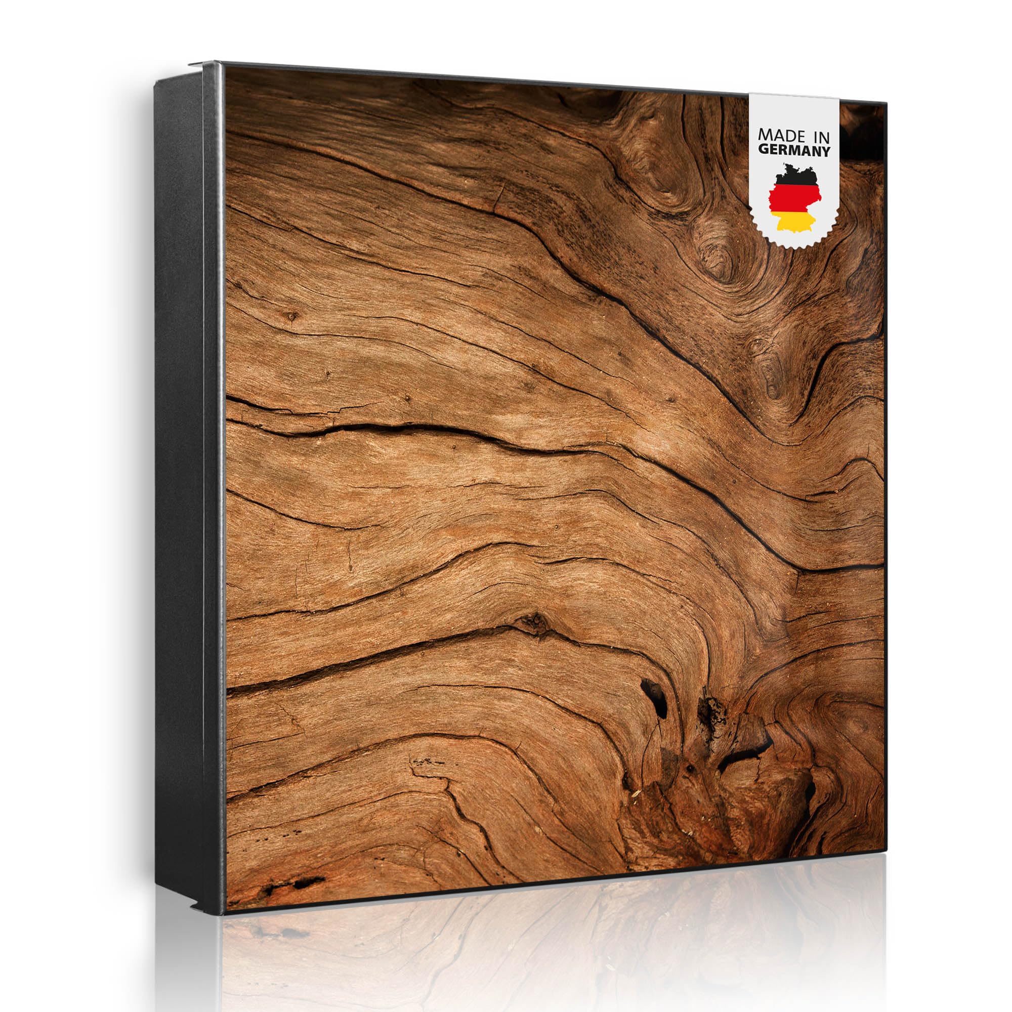 banjado Großer Schlüsselkasten Metall - Schlüsselbox 30x30cm beschreibbarer mit 32 Haken - Schlüsselkasten modern für Schlüsselaufbewahrung - Korpus Schwarz Scharnier Rechts - Motiv Trockenes Holz