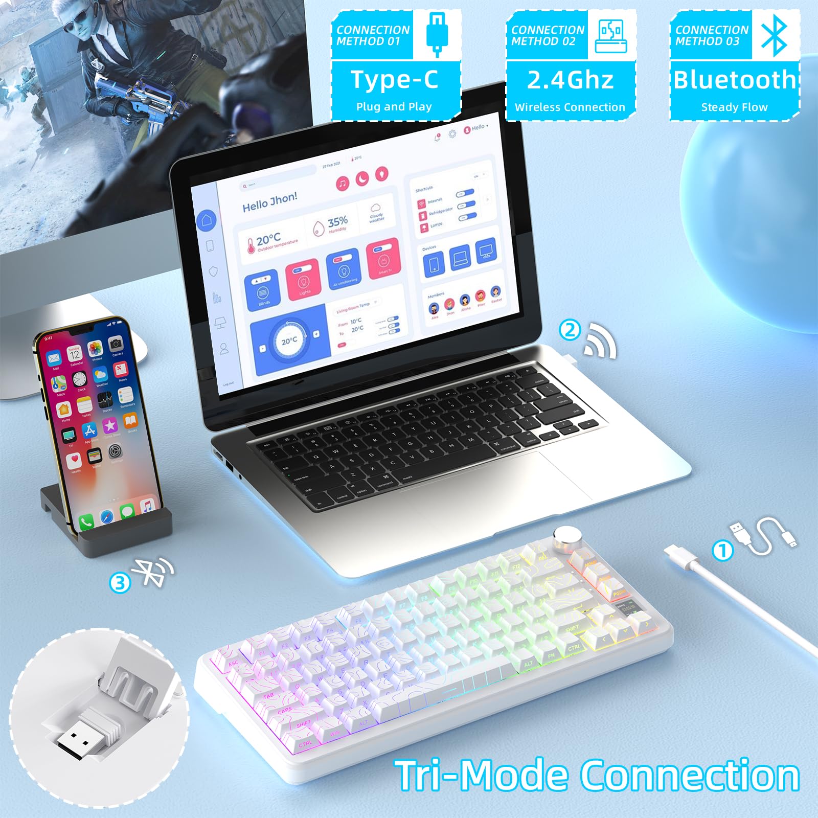 ATTACK SHARK X85PRO Tastiera Meccanica Wireless con Display TFT e Manopola, Tastiera da Gioco Montata su Guarnizione 75% QMK, 2.4G/BT/USB-C Cablata, Sostituibile a Caldo,4000mAh,RGB (Bianco)