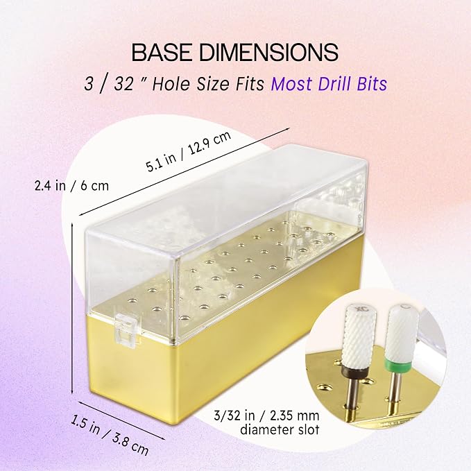 PANA Rectangle Nail Drill Bit Holder Display Organizer Case - Dustproof Carbide Bit Storage Container Box For Manicure Tools Nail Salon - 30 Holes Gold (Drill Bits Not Included) miniatura 3