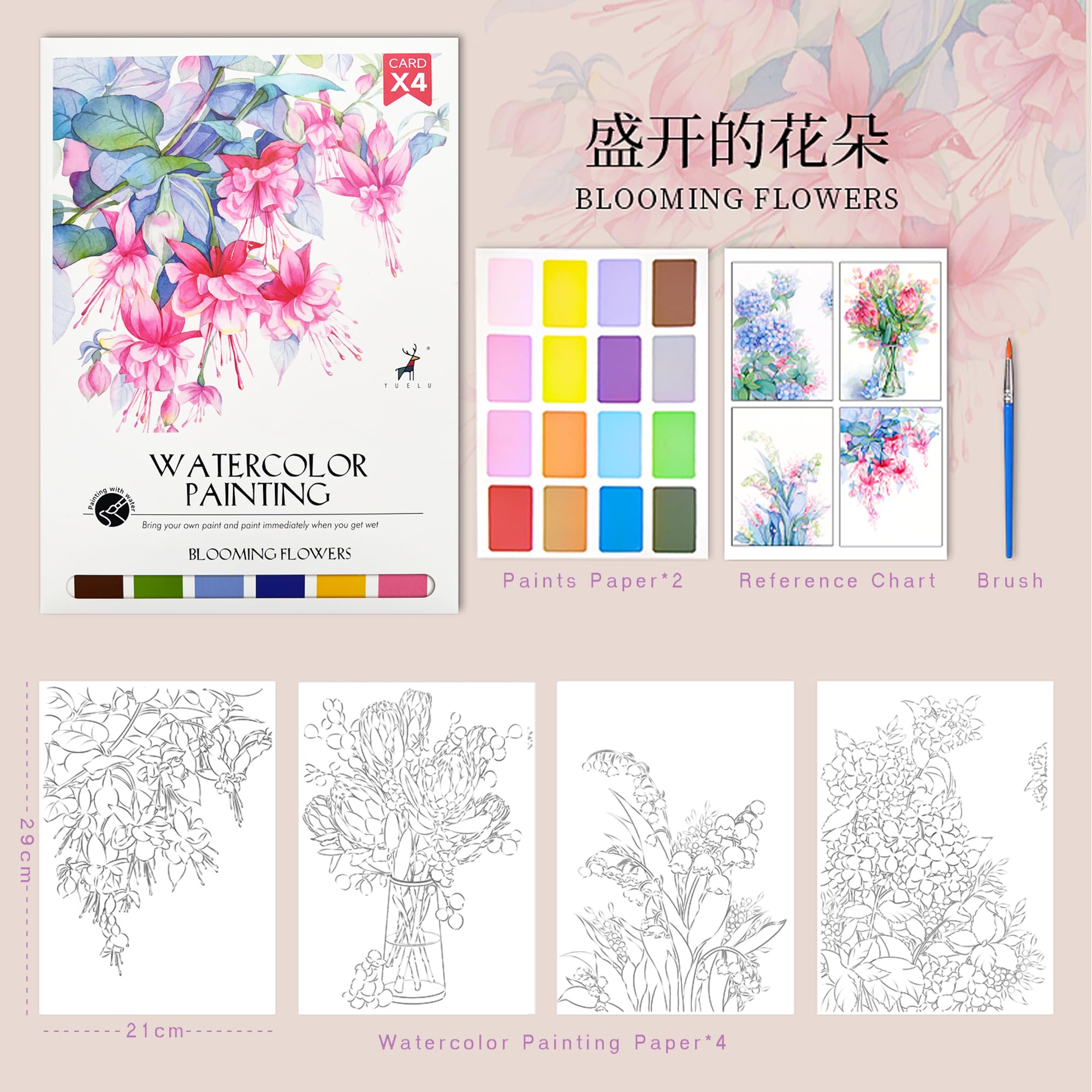Watercolor Painting Paper Set-Line Draft Water Coloring Books Drawing Painting Art Kit Creative Handmade Watercolor Decorative Painting Includes Brushes and Paints(Flower Series)…