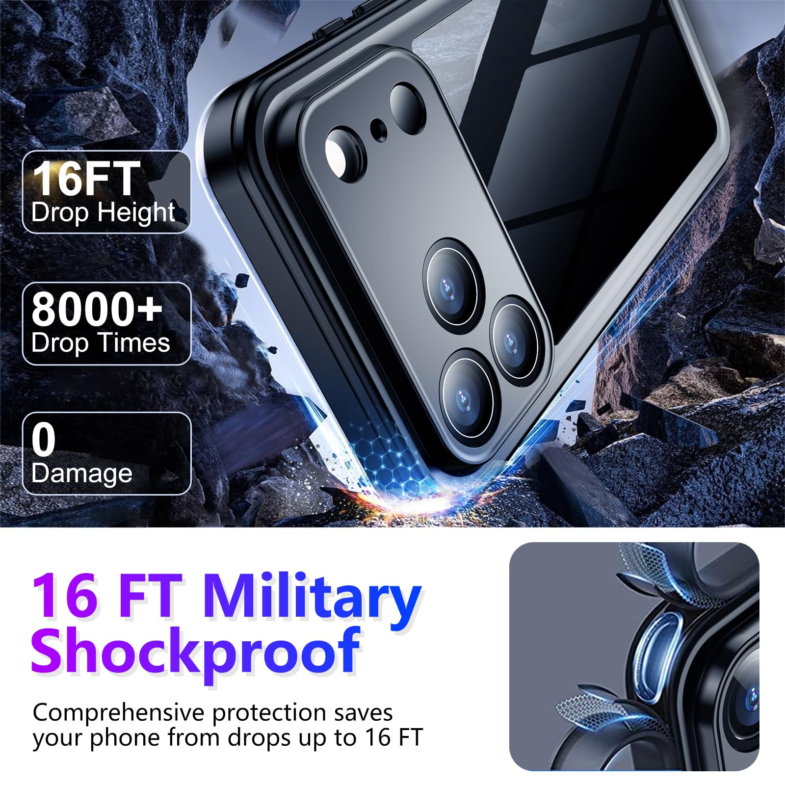 Funda Compatible con iPhone 17 Pro, protección Impermeable de Pantalla incorporada y cámara, IP68, protección subacuática, Cuerpo Completo, 17 m, Militar, Techo de caída, Funda de teléfono a