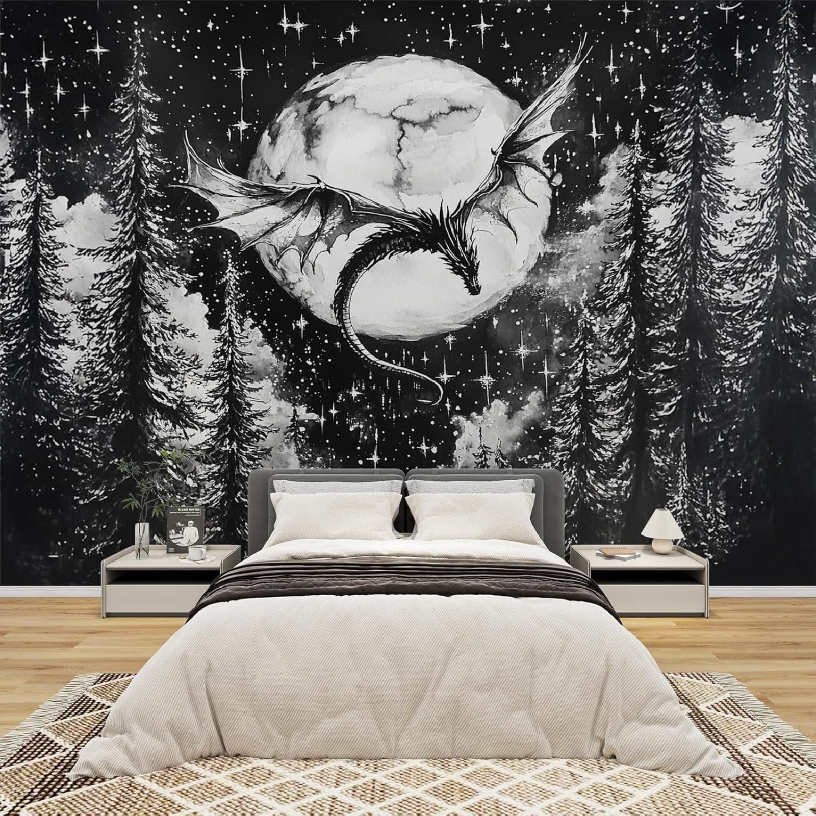 Fototapeta z motywem smoka, sypialni, zwierzęta fantasy, 3D, tapeta z włókniny, czarno-biały, las, księżyc, gwiazdy, dekoracja ścienna, do pokoju dziecięcego, tapeta ścienna, tapeta z wzorem, 300 cm x