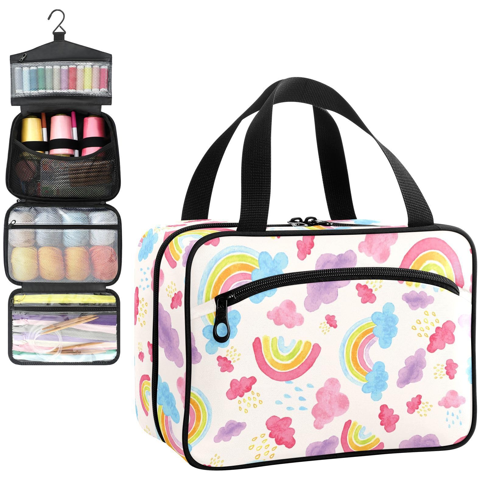 YNNALE Sewing Supply Organizer Bag, Rainbow Pattern Cute Colorful Portable Sewing Bags with Pockets&Hanger, Sewing Storage Box Case for Sew Supplies/Kit/Tools/Accessories (BAG ONLY)