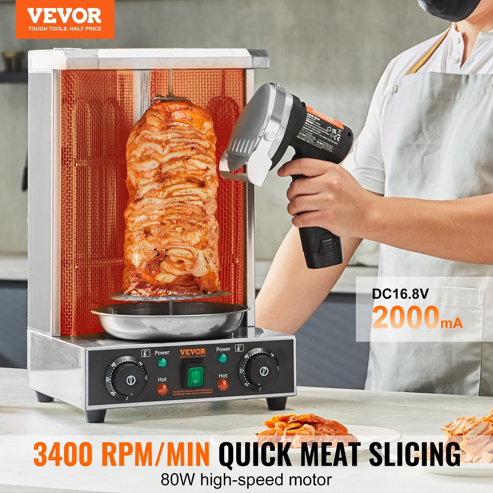 VEVOR Cuchillo Kebab Eléctrico Inalámbrico 80 W, Cortadora de Carne Shawarma Kebab Turca Comercial de Acero Inoxidable, con 2 Cuchillas de 100 mm, Espesor Ajustable 0-8 mm, para Restaurantes, Bares