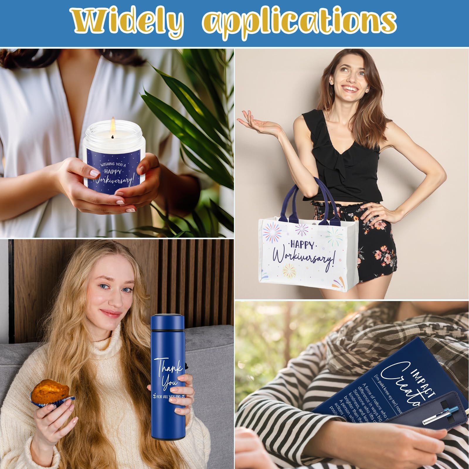 Thenshop 6 Pcs Happy Workiversary Gifts Set for Men Women Employee Appreciation Gifts Include Tumbler Leather Notebook Pen Tote Bag Scented Candle for Office Coworker Employee (Blue)