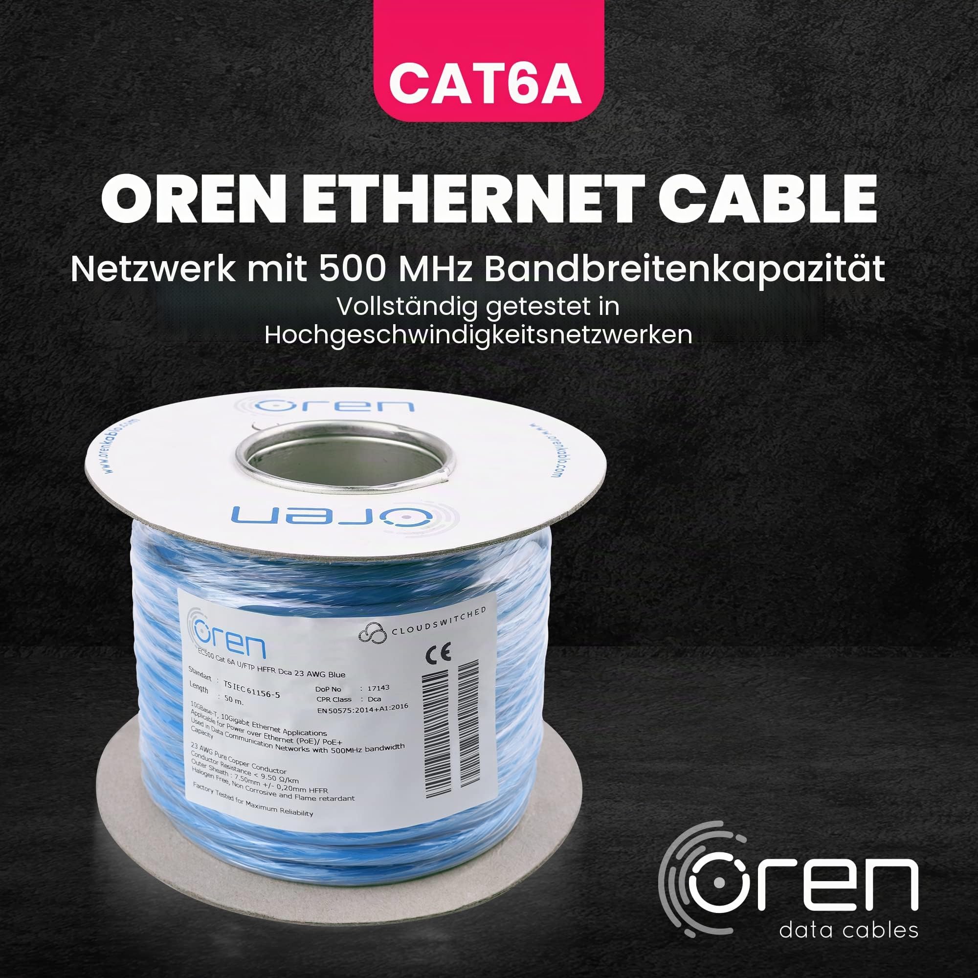 Oren CAT6A 50m Ethernet Kabel – 23 AWG reiner Kupferdraht – 500 MHz Bandbreite U/FTP-Internet-LAN-Netzwerkkabel, halogenfrei, nicht korrosiv – 10 GbE Hochgeschwindigkeit