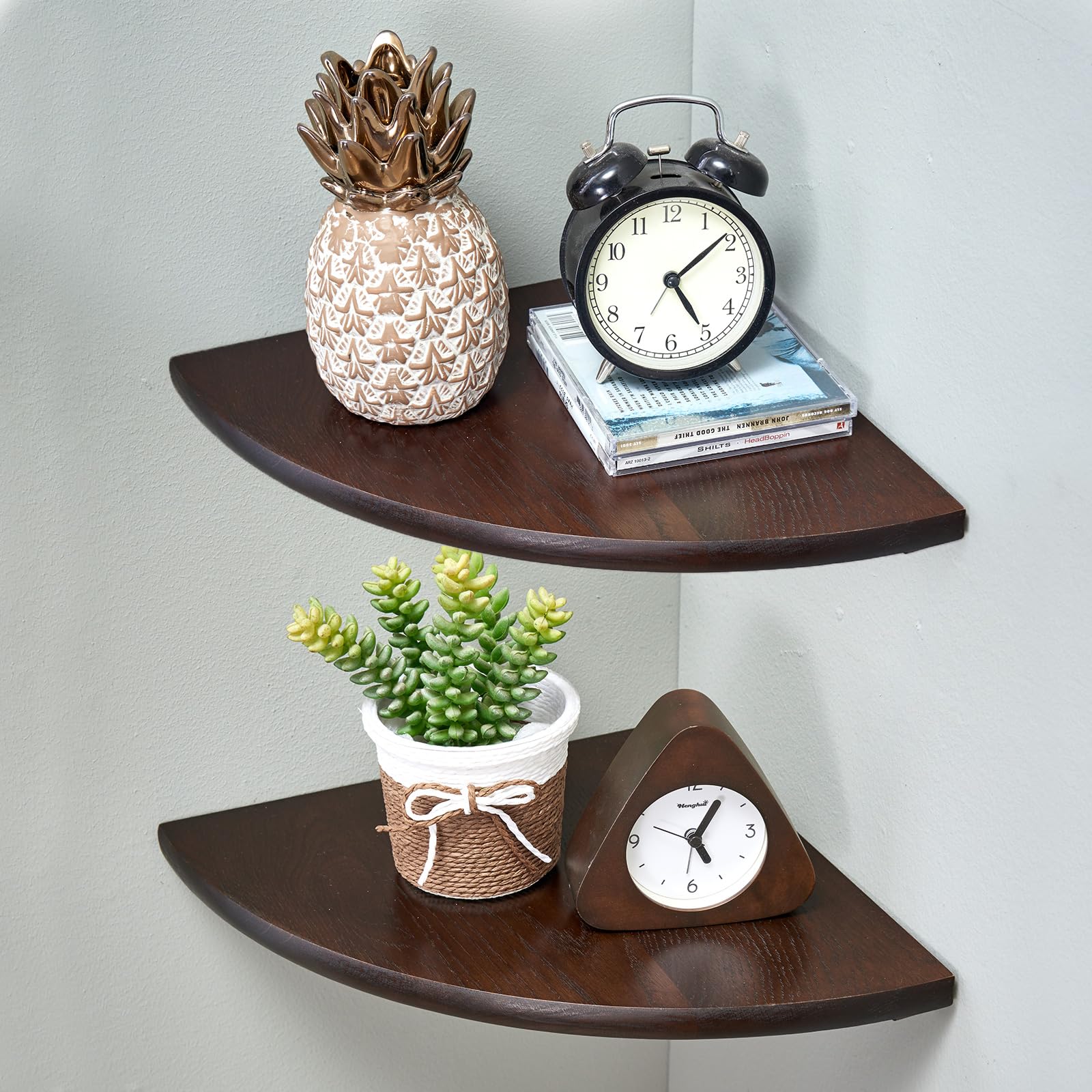 Conamily Corner Shelves, Floating Corner Shelf, Set of 2 10inch Solid Oak Wood Corner Wall Shelves, Round End with Wire Hole for Small Plant for
