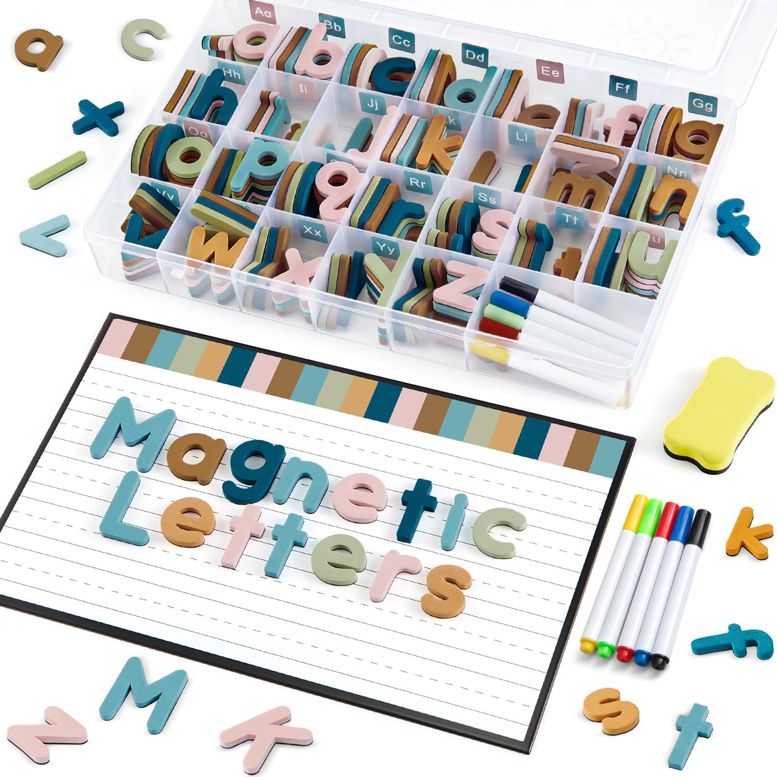 MotiMind Kit de 246 lettres de l'alphabet magnétiques en mousse souple EVA avec tableau blanc et stylos, aimants de réfrigérateur pour enfants d'âge préscolaire et d'apprentissage (couleur bohème)