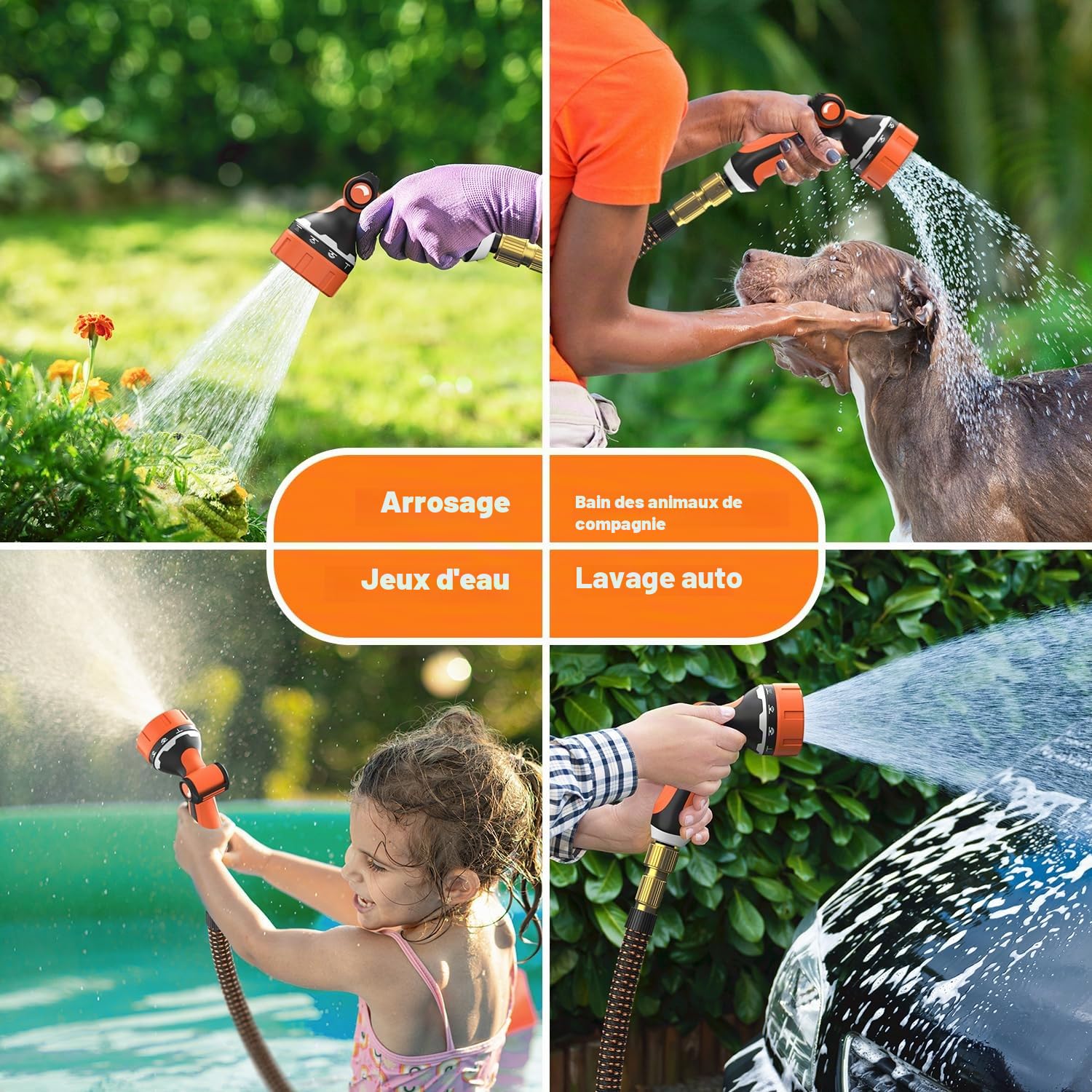 Tuyau d'arrosage 30m, ULTTY Tuyau d’arrosage Extensible avec 1/2" et 3/4" (19mm et 13mm) Adaptateurs, 10 Modes d'Arrosage, Latex Triple Épaisseur Durable avec Raccords en Laiton et Sac, Orange