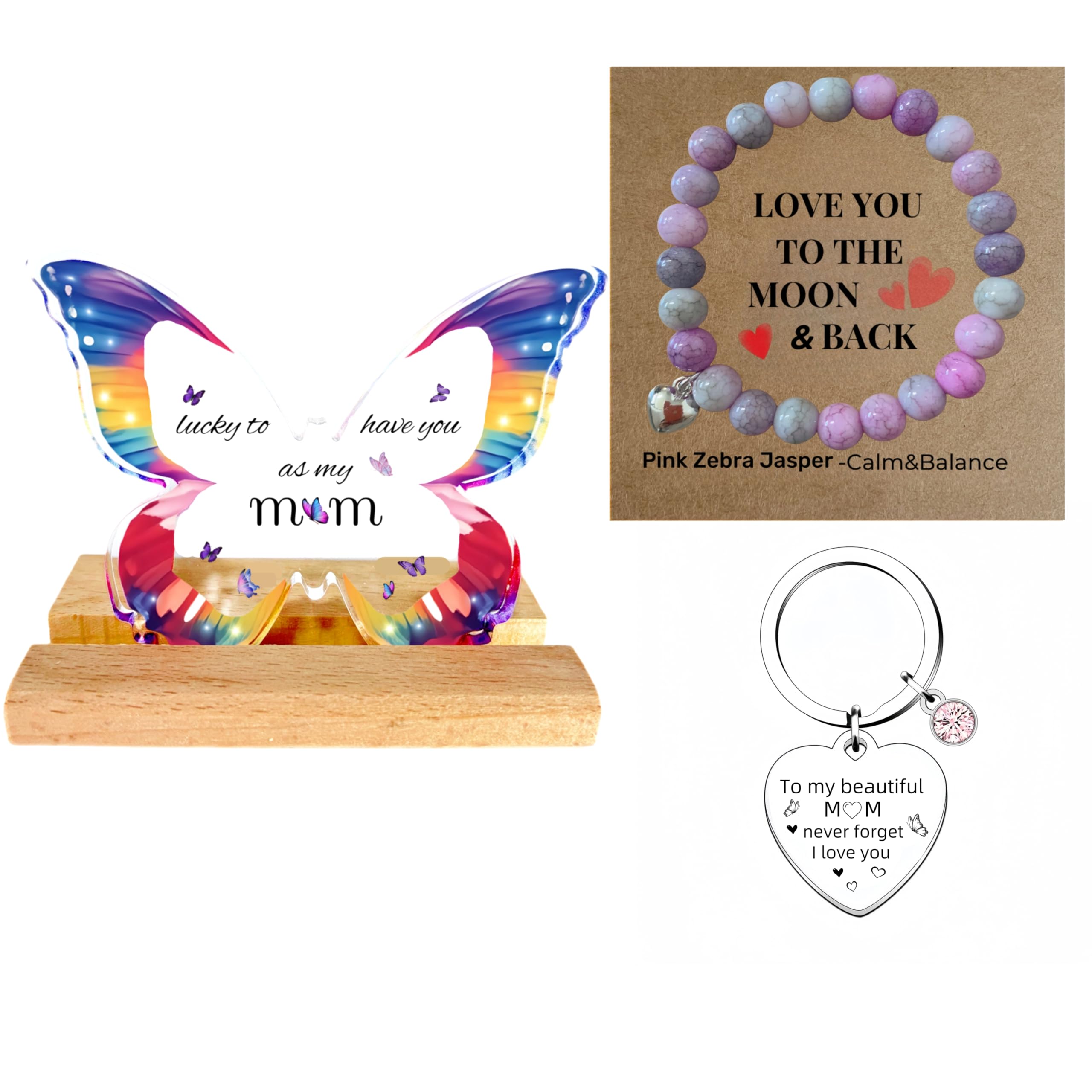 Heartfelt Gifts for Mum Christmas - Mum Birthday Gifts,Mothers Day Gifts, Love You to the Moon & Back - Acrylic Butterfly Display and Pink Zebra Jasper Multicolour