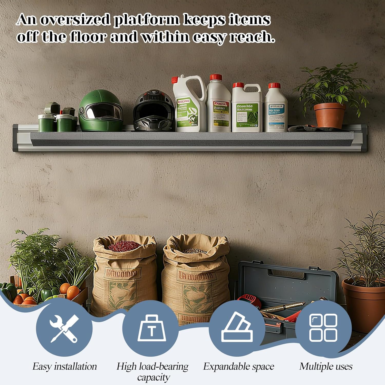 DoubleFill Heavy Duty Solid Shelf Steel Wall Mount Floating Shelf Holds 50 Lbs for Storing Grass Seeds, Fertilizer, Garden Tools, General Supplies(48 x 12 Inches)