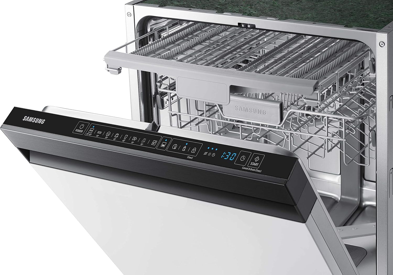 Samsung DW60R7050SG/EG - Lavastoviglie da incasso parzialmente integrate, larghezza 59,8 cm, 14 pezzi, apertura automatica della porta, funzione silenziosa, igiene, colore nero premium [Classe di efficienza energetica D]