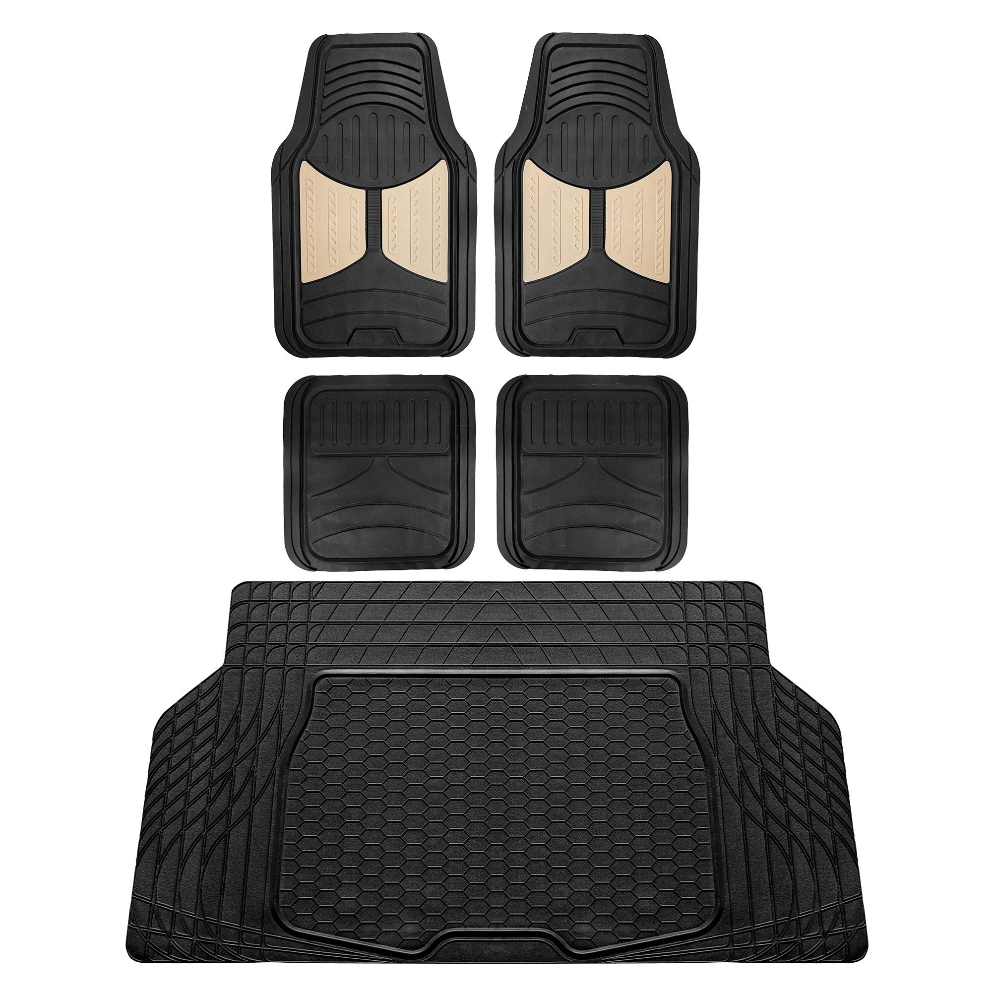 FH Group Monster Eye Full Set Rubber Floor Mats w. Trimmable Vinyl Trunk Liner/Cargo Mat Black- Fit Most Car, Truck, SUV, or Van (Beige/Black) F11313- F16403
