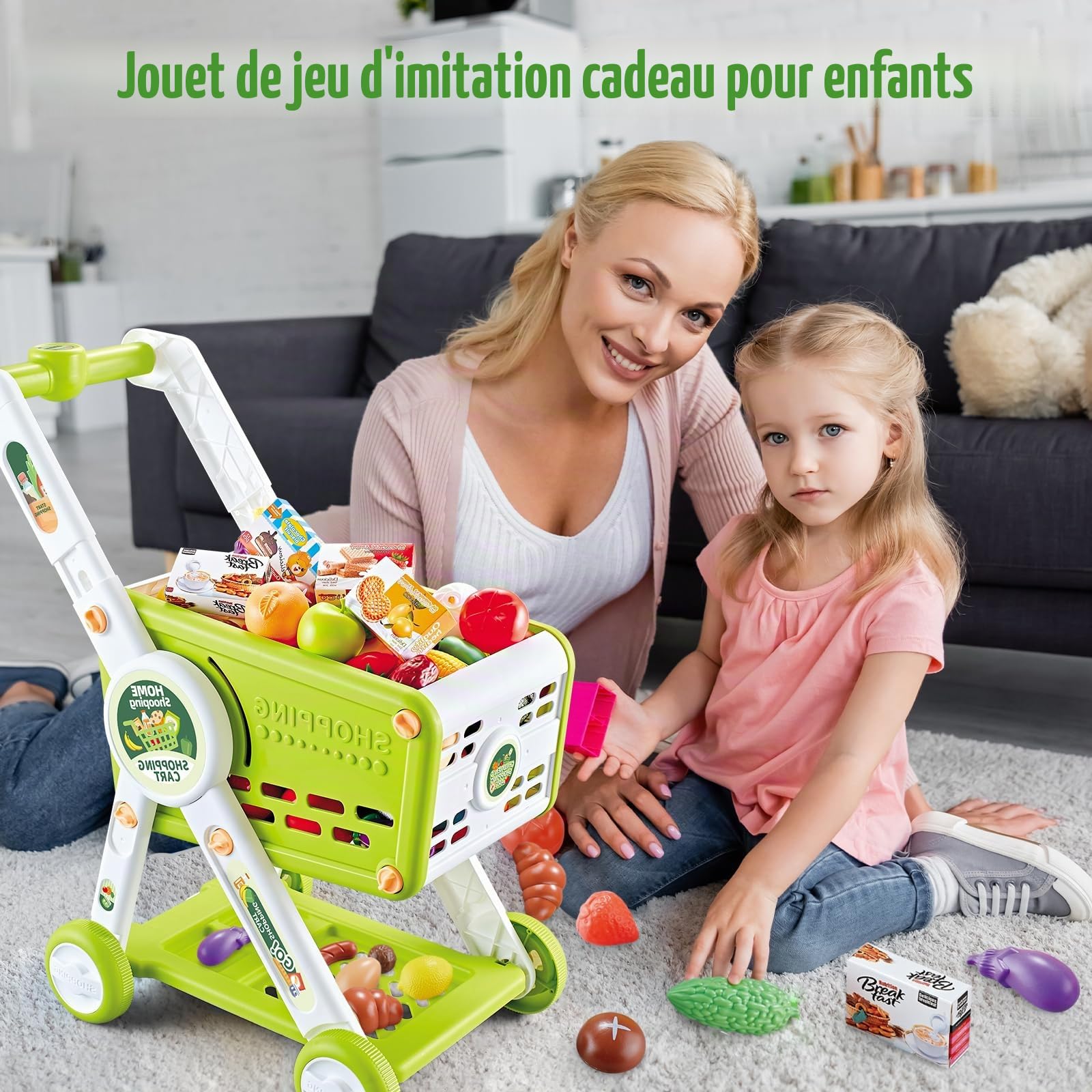 Chariot de Courses Enfant, 31Pièces Chariot de Supermarché Jouet avec Accessoires de Fruits Légumes Nourriture, Jeux de Rôle Caddie D'épicerie Magasin pour Garçons et Filles (Vert)