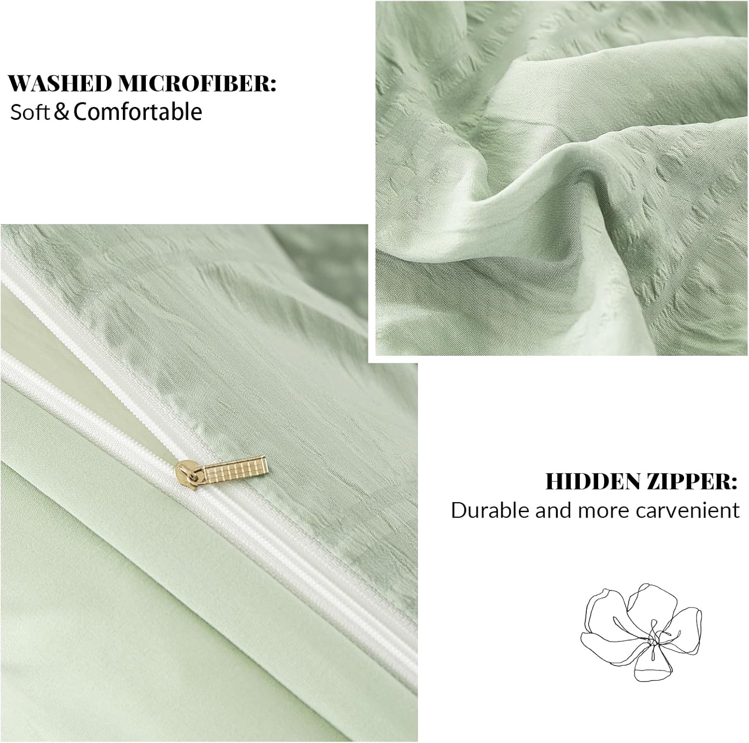 Premium Ruched Textured Duvet Cover Set - 3pcs Washed Microfiber Bedding Set Boho Soft Ruched Queen Duvet Cover (Light Green 90''x90'')