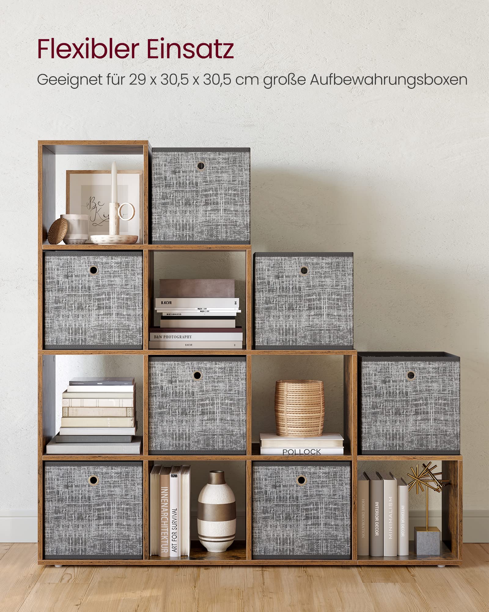 VASAGLE Custos Kollektion Bücherregal mit 10 Fächern, Stufenregal, Ordnungssystem, 27 x 129,5 x 129,5 cm, vintagebraun