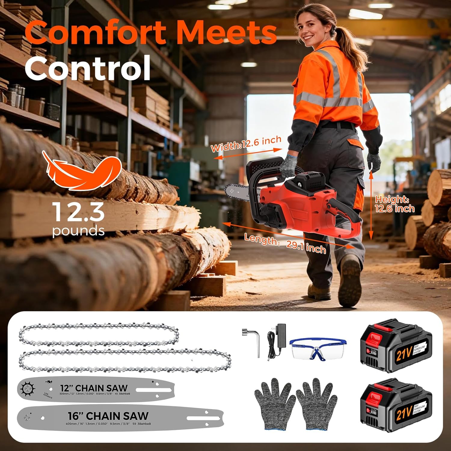 Battery Powered Chainsaw,12" & 16" Dual Guide Plate.21V Electric Cordless Chainsaw with 2 Batteries and Charger.Brushless Chain Saw Kit with Safety Goggles and Gloves for Tree Pruning and Wood Cutting - Image 9