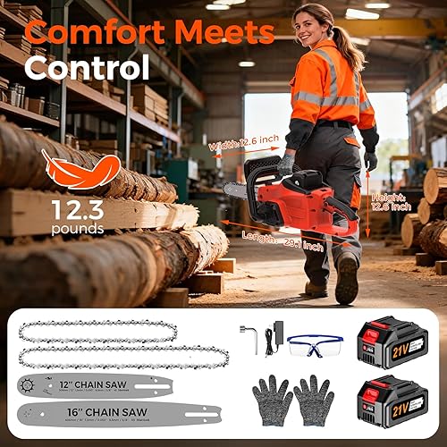 Miniatura 9 de Motosierra alimentada por baterías, placa de guía doble de 12 y 16 pulgadas. Motosierra eléctrica inalámbrica de 21 V con 2 baterías y cargador. Kit