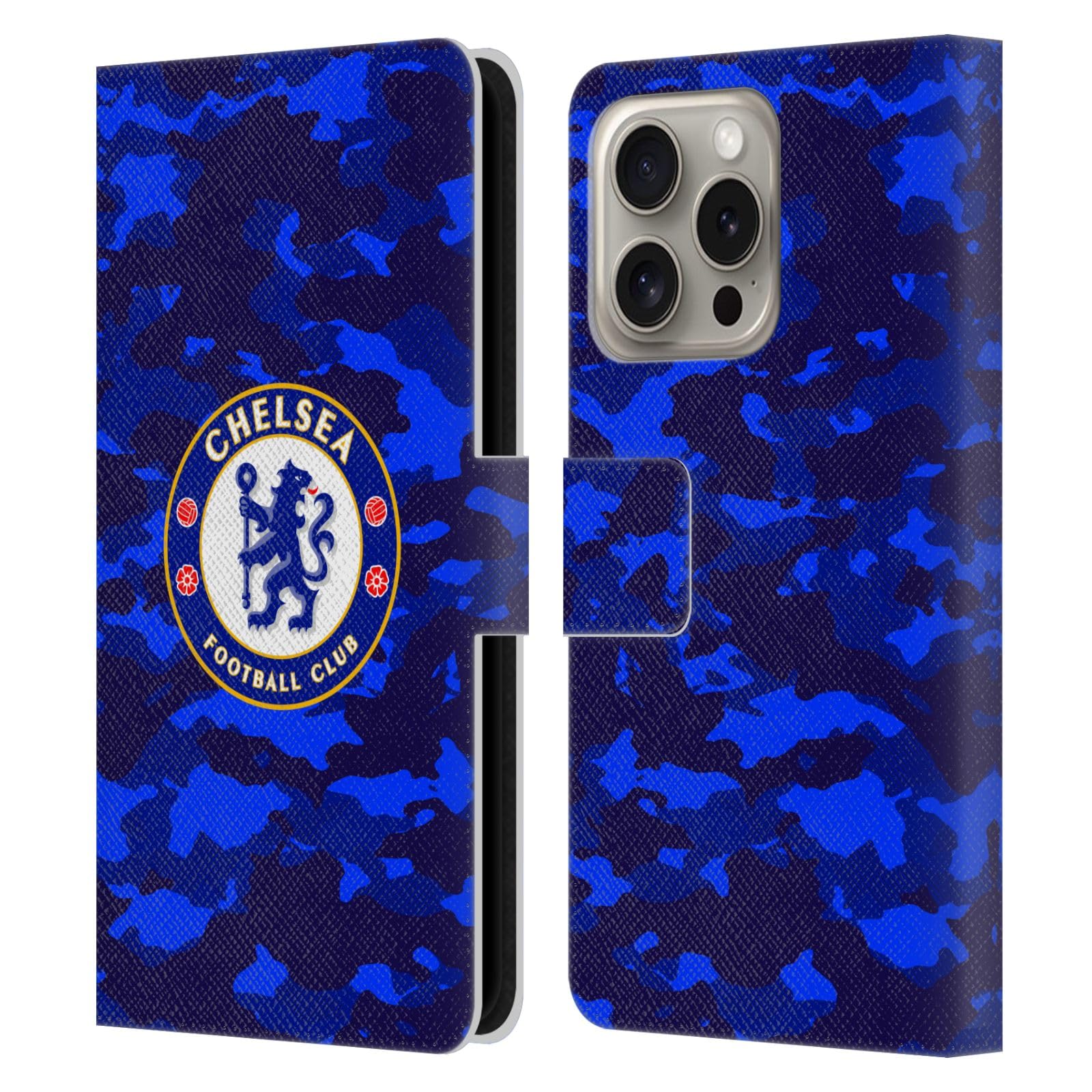Head Case Designs Officially Licensed Chelsea Football Club Camouflage Crest Leather Flip Case Compatible With Apple iPhone 16 Pro
