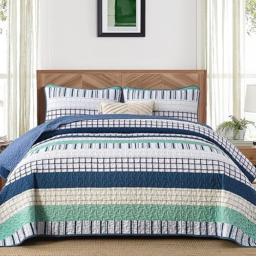 Vista 94 de DJY Juego de edredón a rayas tamaño Queen, juego de colcha bohemia de 3 piezas de color verde salvia, juego de ropa de cama de microfibra suave