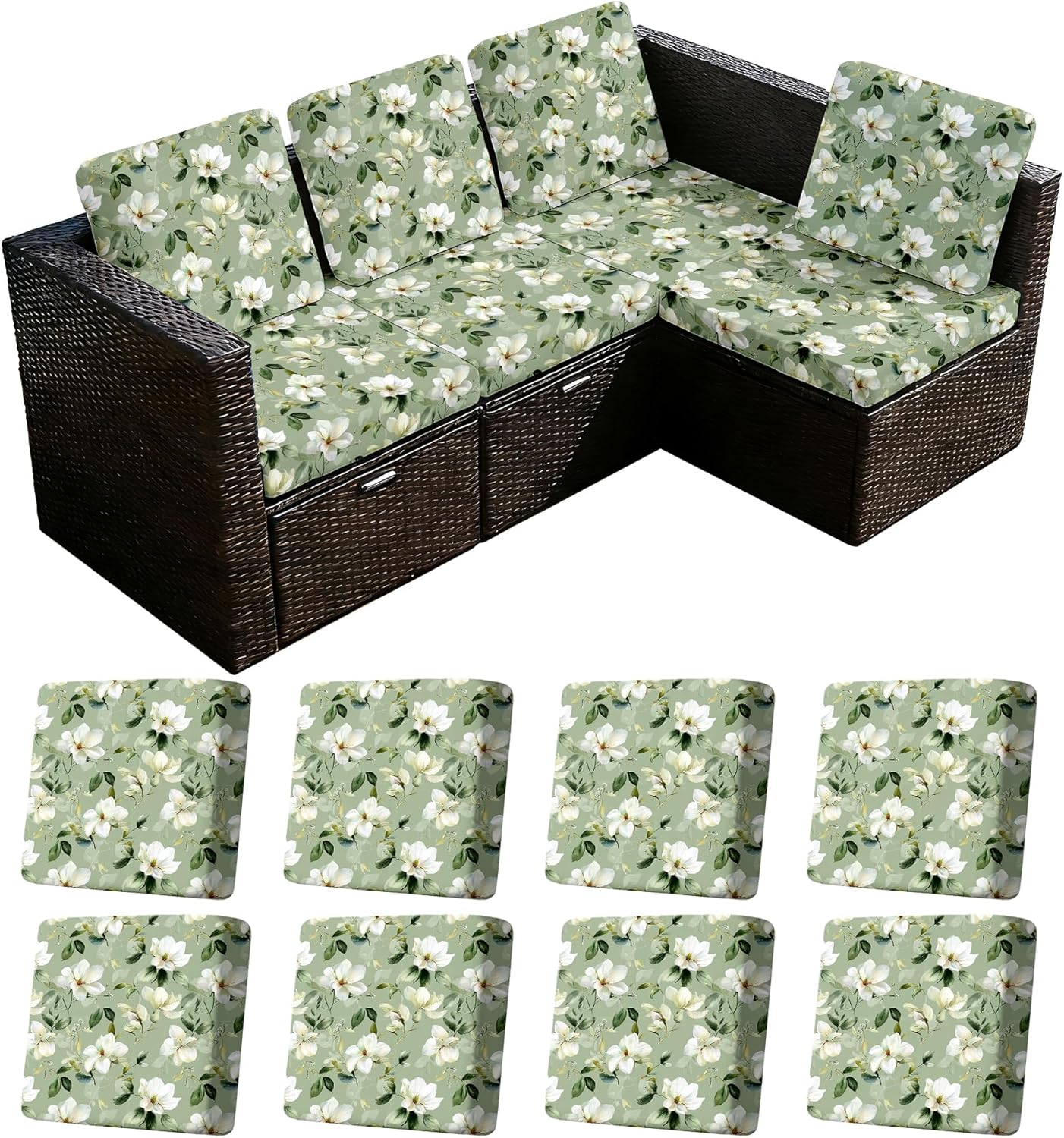 Outdoor Chair Cushions Cover Set of 8 - Waterproof & Fade Resistant Patio Chair Cushions with Handle & Ties, Applicable to Outdoors/Indoors/Garden，20" x 27" x 2" (White Flowers, 20" x 27" x 2")