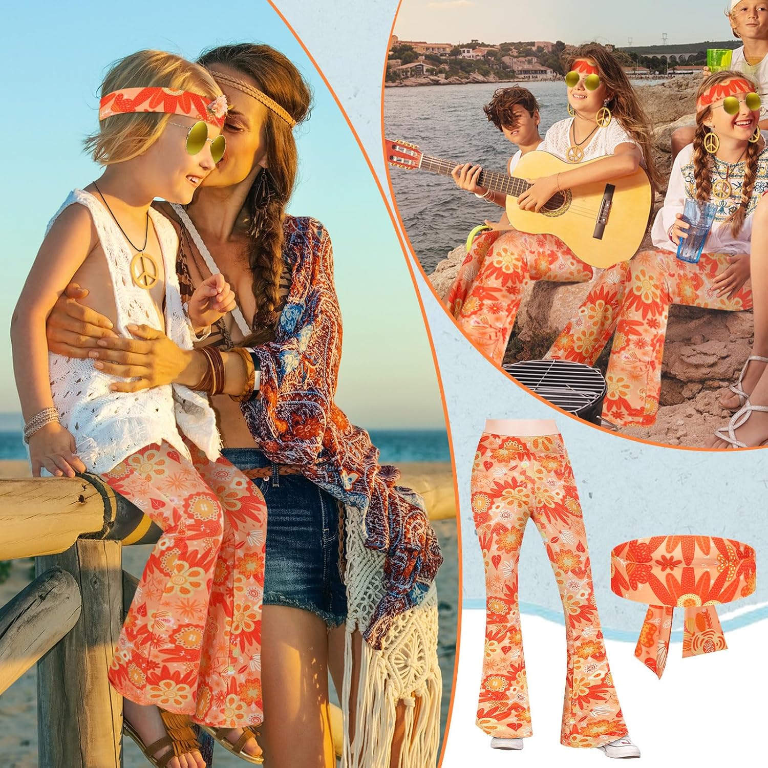 Jenaai 7 Pcs Kids 60s 70s Hippie Outfits for Girls Costume Set Boho Flared Pants Hippie Outfits Accessories Set