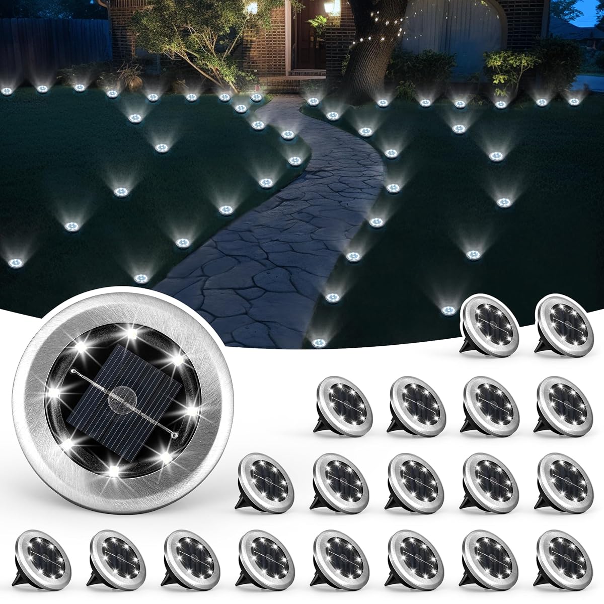 SOLPEX Mini Solar Ground Lights, 20 Pack, Stainless Steel, Warm White, Model