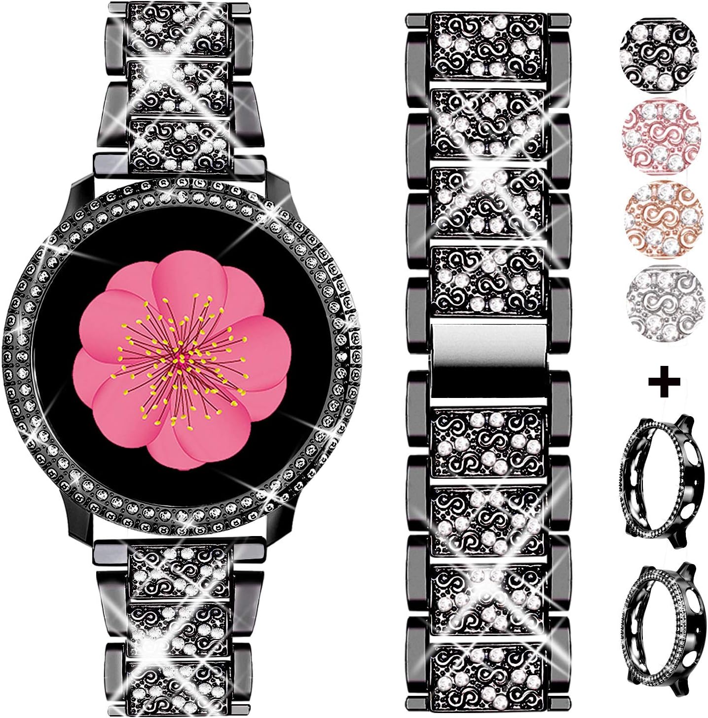 AMODOO Compatible for Samsung Galaxy Watch Active 2 Band + Case, Women Replacement Strap&Full Around PC Bumper for Galaxy Watch Active 2 44mm (Black/44mm)