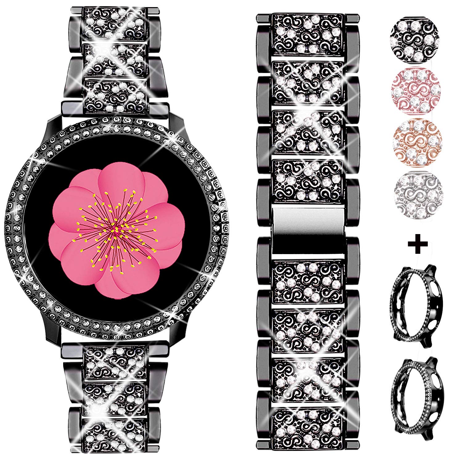 AMODOO Compatible for Samsung Galaxy Watch Active 2 Band + Case, Women Replacement Strap&Full Around PC Bumper for Galaxy Watch Active 2 44mm (Black/44mm)