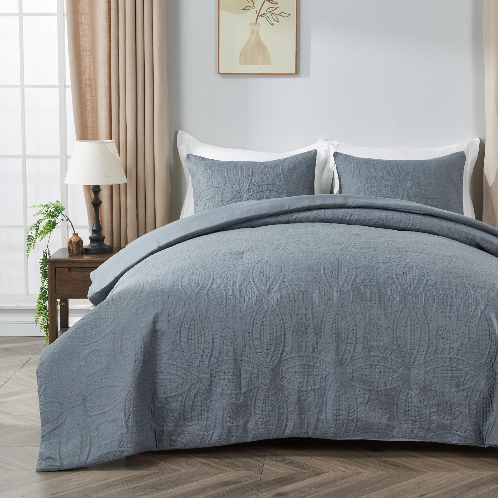 King Comforter Set - Grey King Size Comforter Set, 3PC Textured Comforter with Geometric Design for All Season, Lightweight Soft Microfiber Comforter Bedding with 2 Pillowcase