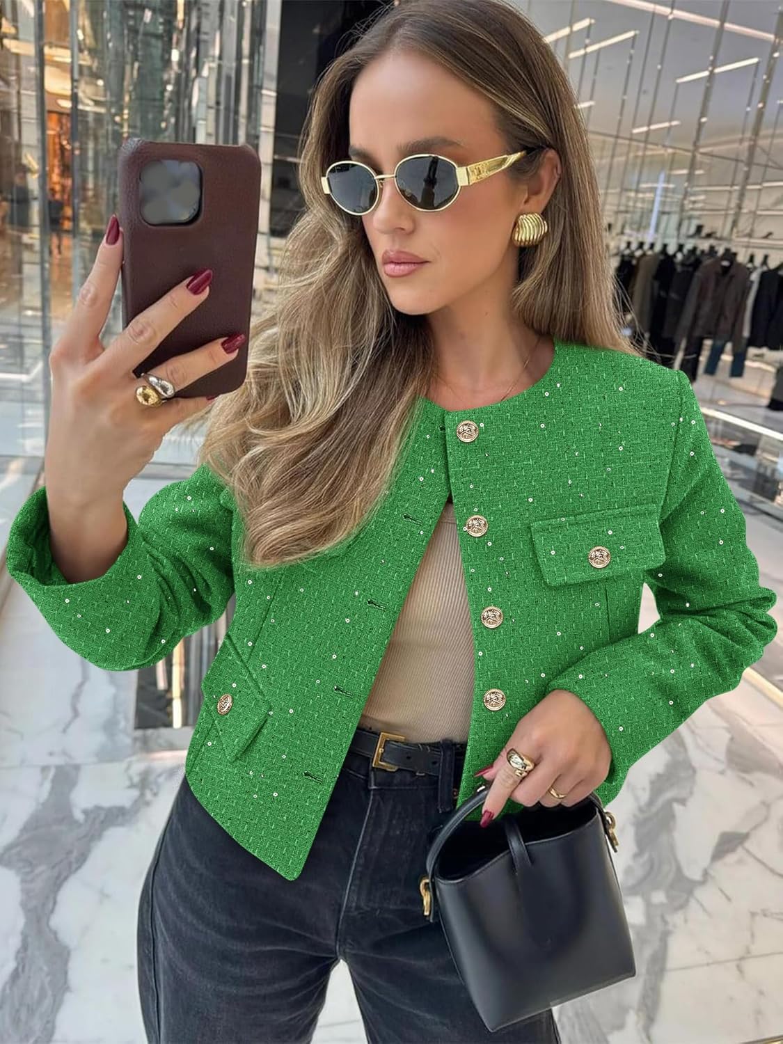 Women's Tweed Blazers Trendy Fall Casual Collarless Button Down Sequin Tops Cropped Jackets with Pockets - Image 2